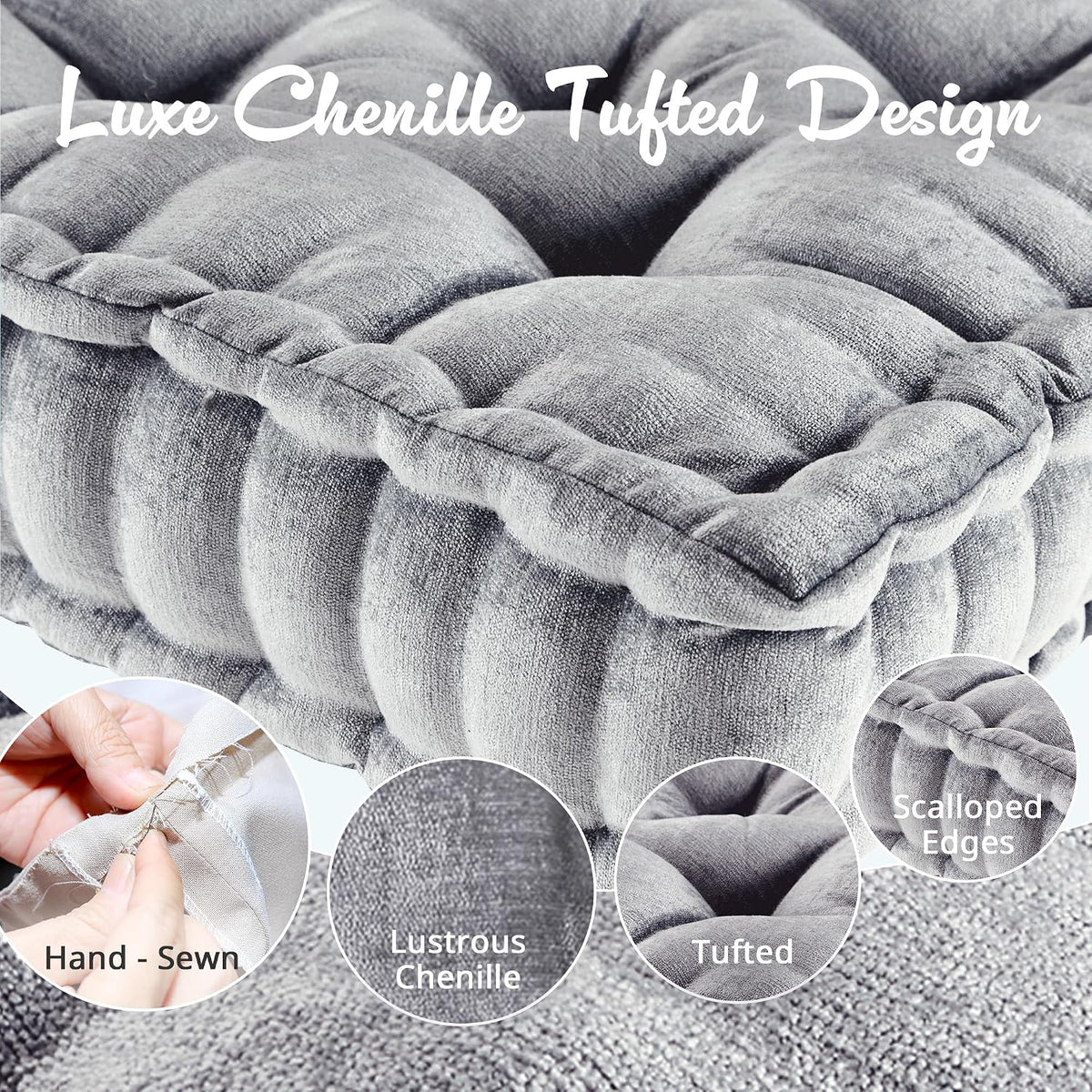 Intelligent Design Floor Pillow, Large Cushion for Meditation, 20x20 Grey