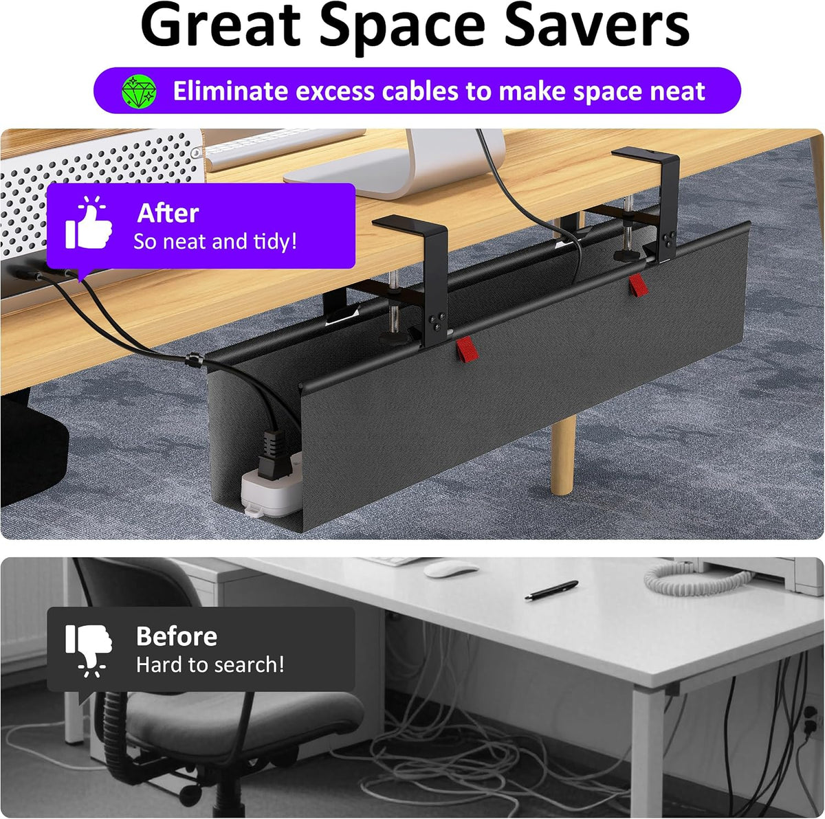 Under Desk Cable Management Tray - Under Desk Cord Management - Clamp/Screw Mount - Fabric Wire Management - Cable Raceways Tray Cord Hiders for Office/Home (Black, 28.5×5.6")