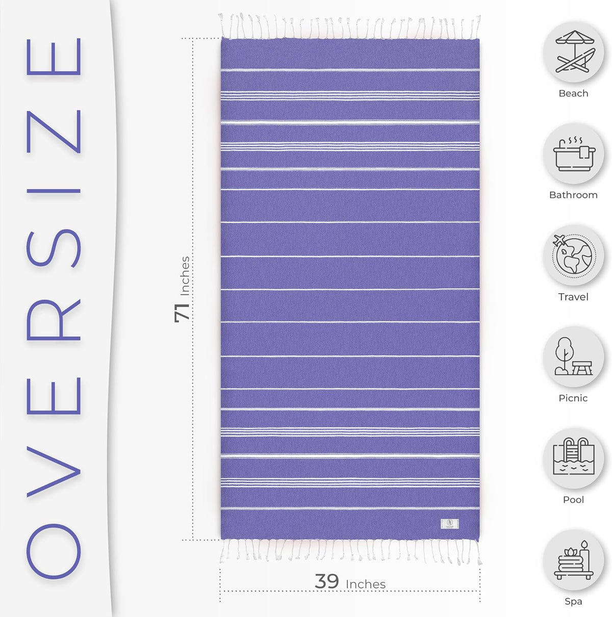 Ossano Turkish Beach Towel Compact & Soft Extra Large (39" x 71") - Quick Dry, Versatile and Functional as Yoga Mat, Picnic Blanket/Travel Blanket, Bath, Shower and Pool Towel - Purple