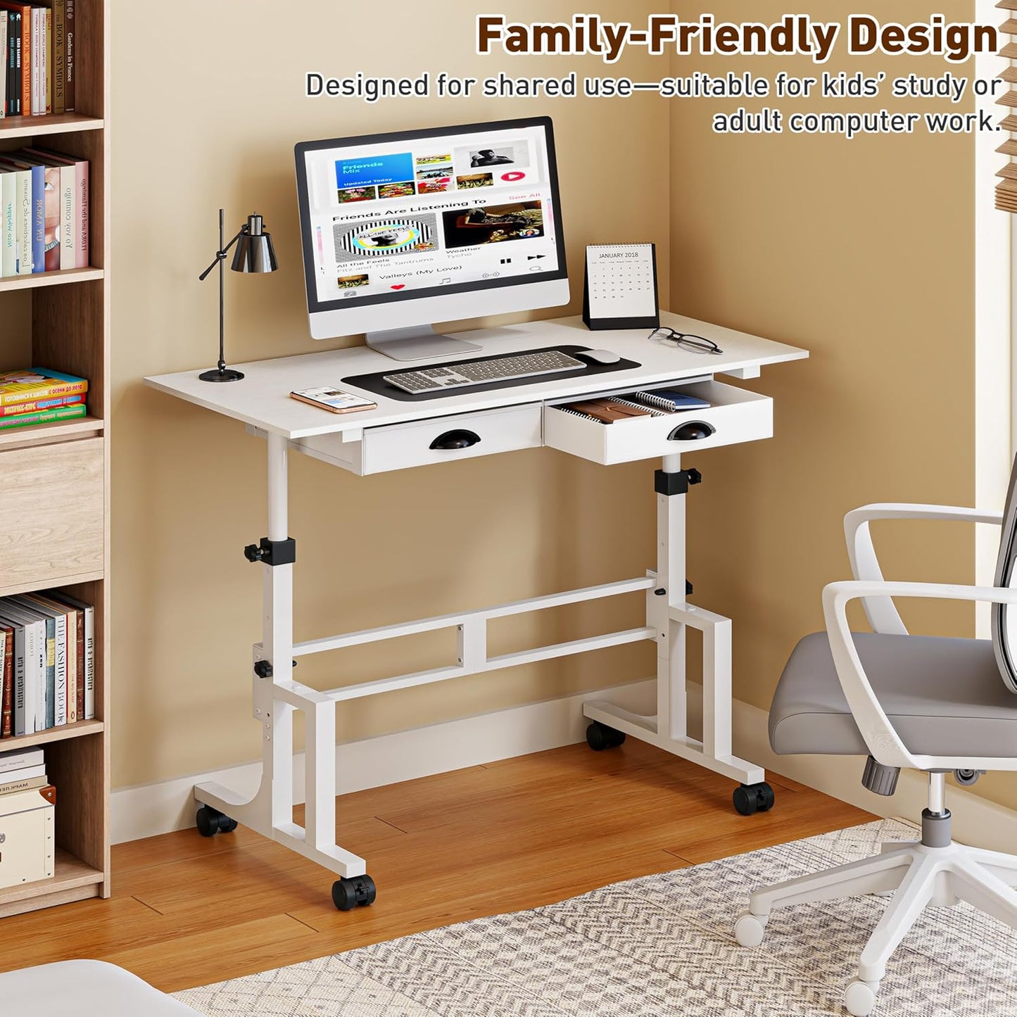 Height Adjustable Standing Desk with 2 Drawers, Small Sit Stand Up Desk with Wheels, Portable Rolling Desk for Walking Pad Treadmill, Computer Office, Adjustable 31.5"-43.3", White, Upgraded Stable