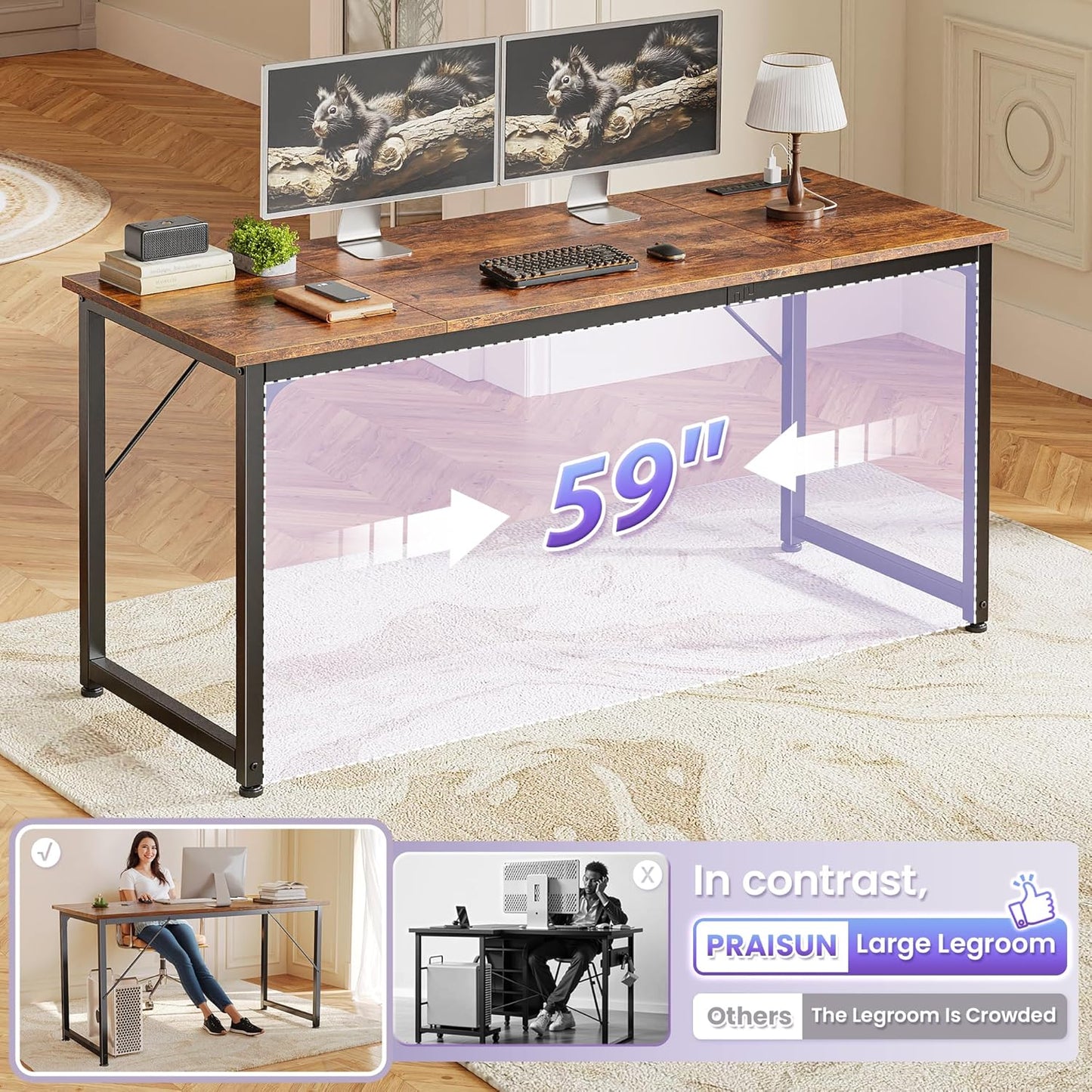 PRAISUN 63 X 24 Inch Office Computer Desk with Power Outlets and USB-C Port, Larger and Longer Gaming Desk, for Home Office, Study, Writing Work from Home Table, Metal Frame, White