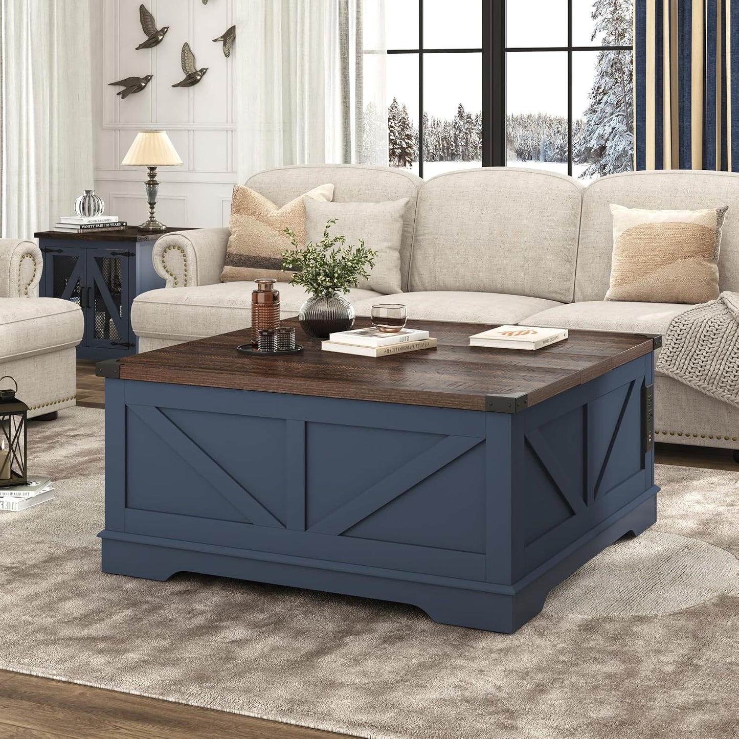 Hlivelood 40” Large Farmhouse Lift Top Coffee Table with Power Outlets and Large Hidden Storage, Square Wood Living Room Tables, Multi-Function Lift Wooden Barn Door Center Table, Blue