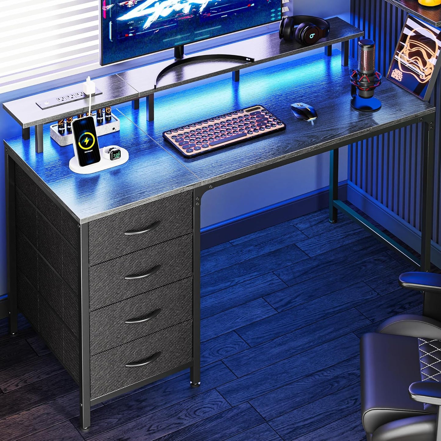 Huuger 47 Inch Computer Desk with Power Outlets and LED Lights, Gaming Desk with 4 Drawers, Office Desk with Monitor Stand, Study Desk Work Desk for Home Office, Small Spaces, Gray