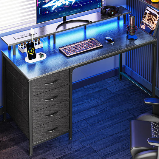 Huuger 47 Inch Computer Desk with Power Outlets and LED Lights, Gaming Desk with 4 Drawers, Office Desk with Monitor Stand, Study Desk Work Desk for Home Office, Small Spaces, Gray