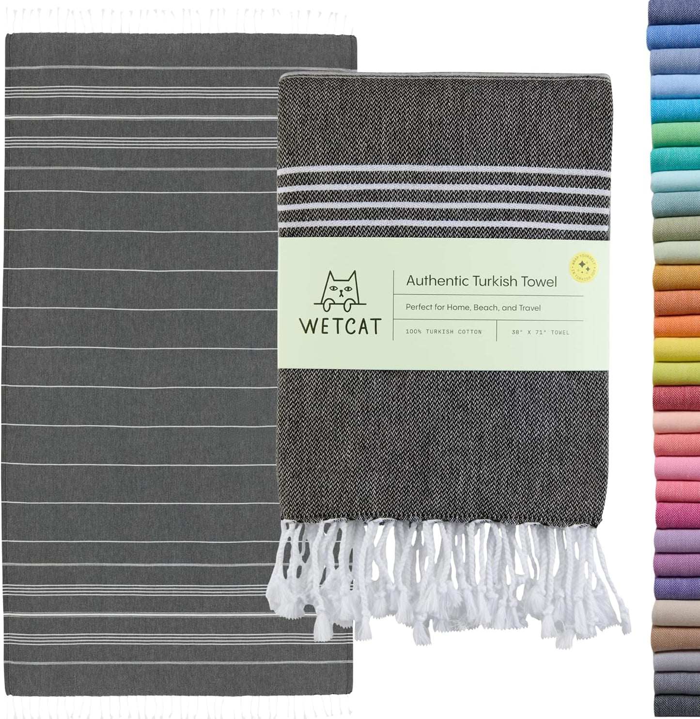WETCAT Turkish Beach Towel Oversized (38"x71") 100% Turkish Cotton, Made in Turkey - Sand Free, Extra Large, Ultra Soft, Quick Drying, Compact & Lightweight for Travel - Black