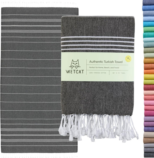 WETCAT Turkish Beach Towel Oversized (38"x71") 100% Turkish Cotton, Made in Turkey - Sand Free, Extra Large, Ultra Soft, Quick Drying, Compact & Lightweight for Travel - Black