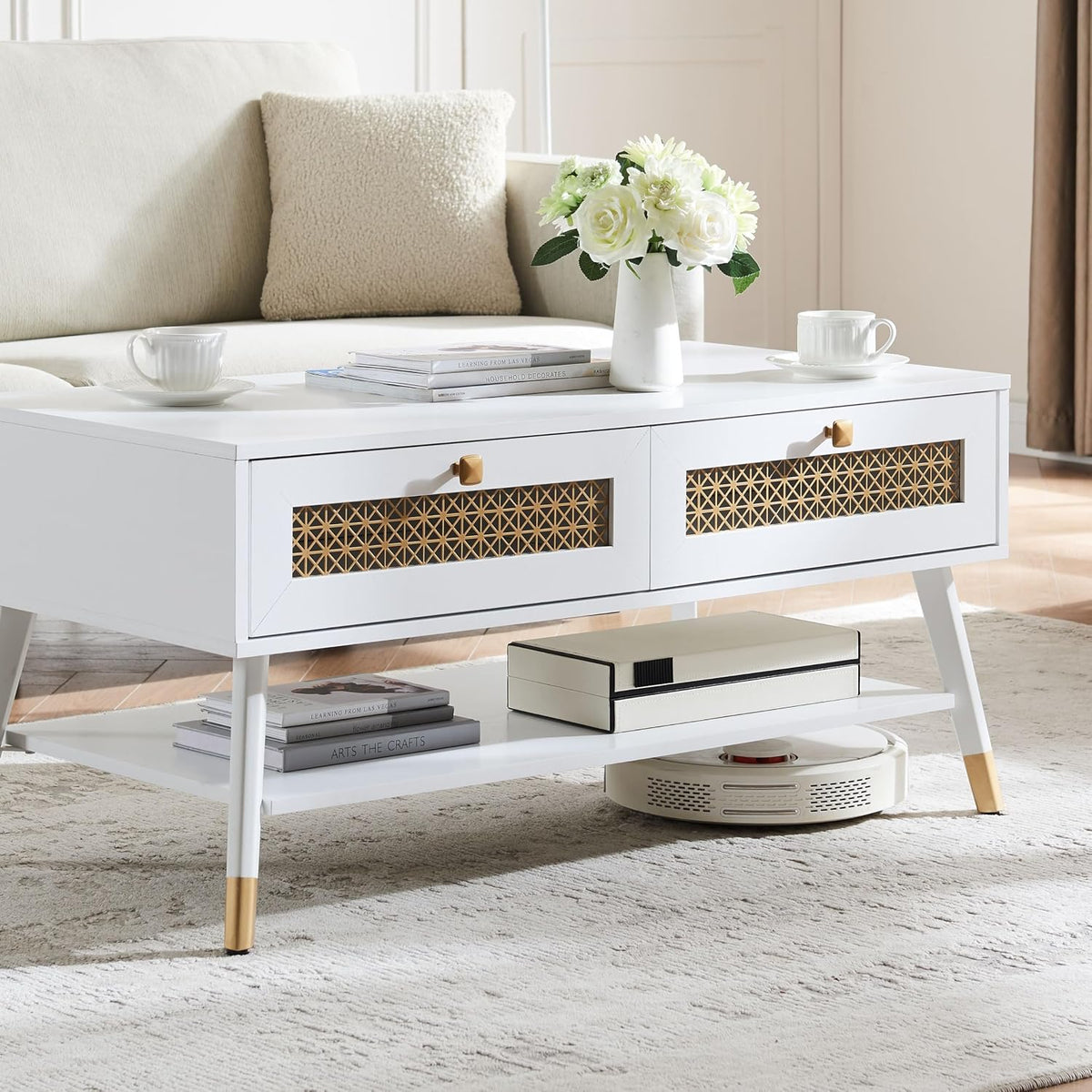 Wooden Mid Century Modern Coffee Table, Retangle Accent Center Table with Two Drawers, Coffee Tables for Living Room, White