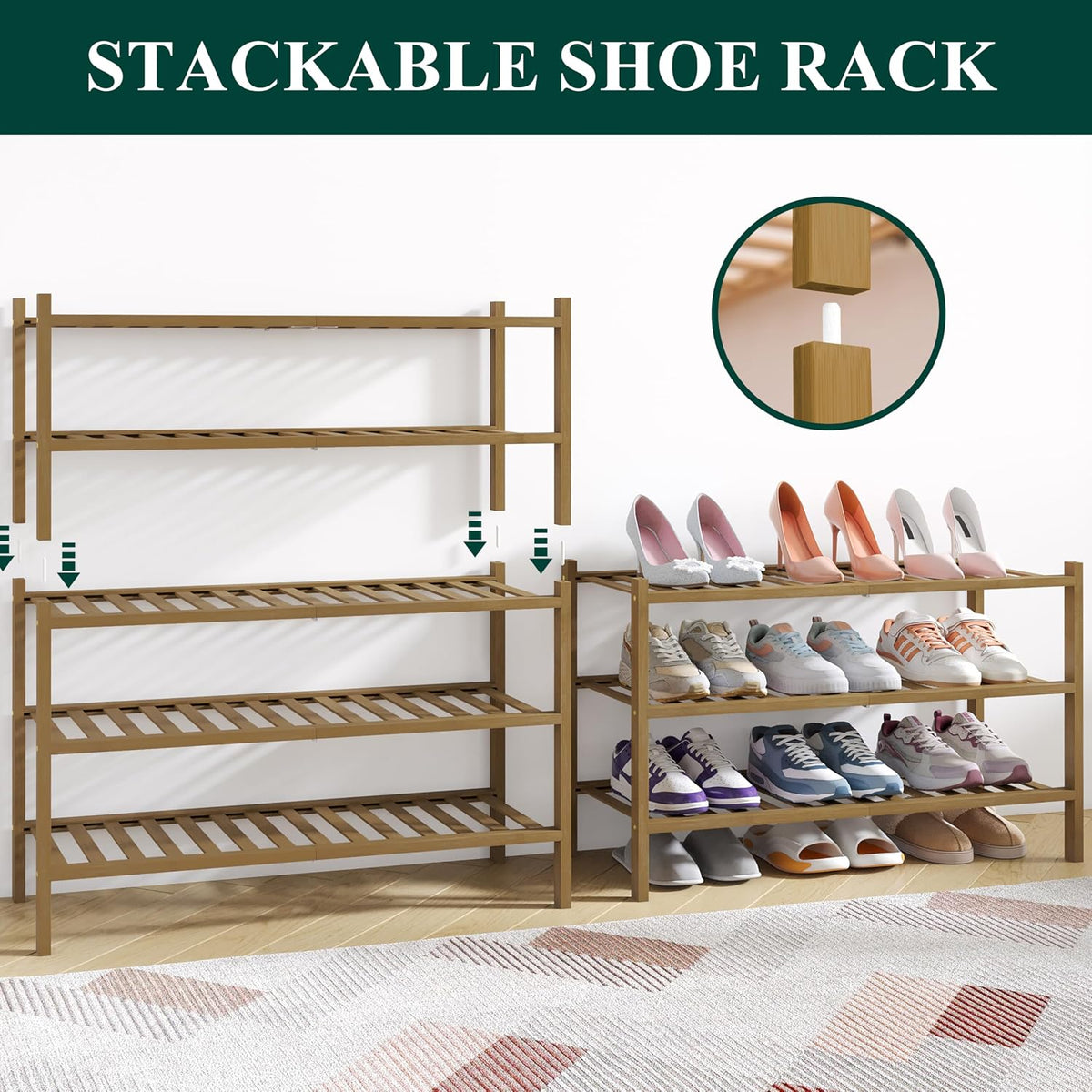 Smiry Bamboo Shoe Rack for Closet, 2 Tier - 26.77" Wide, Walnut