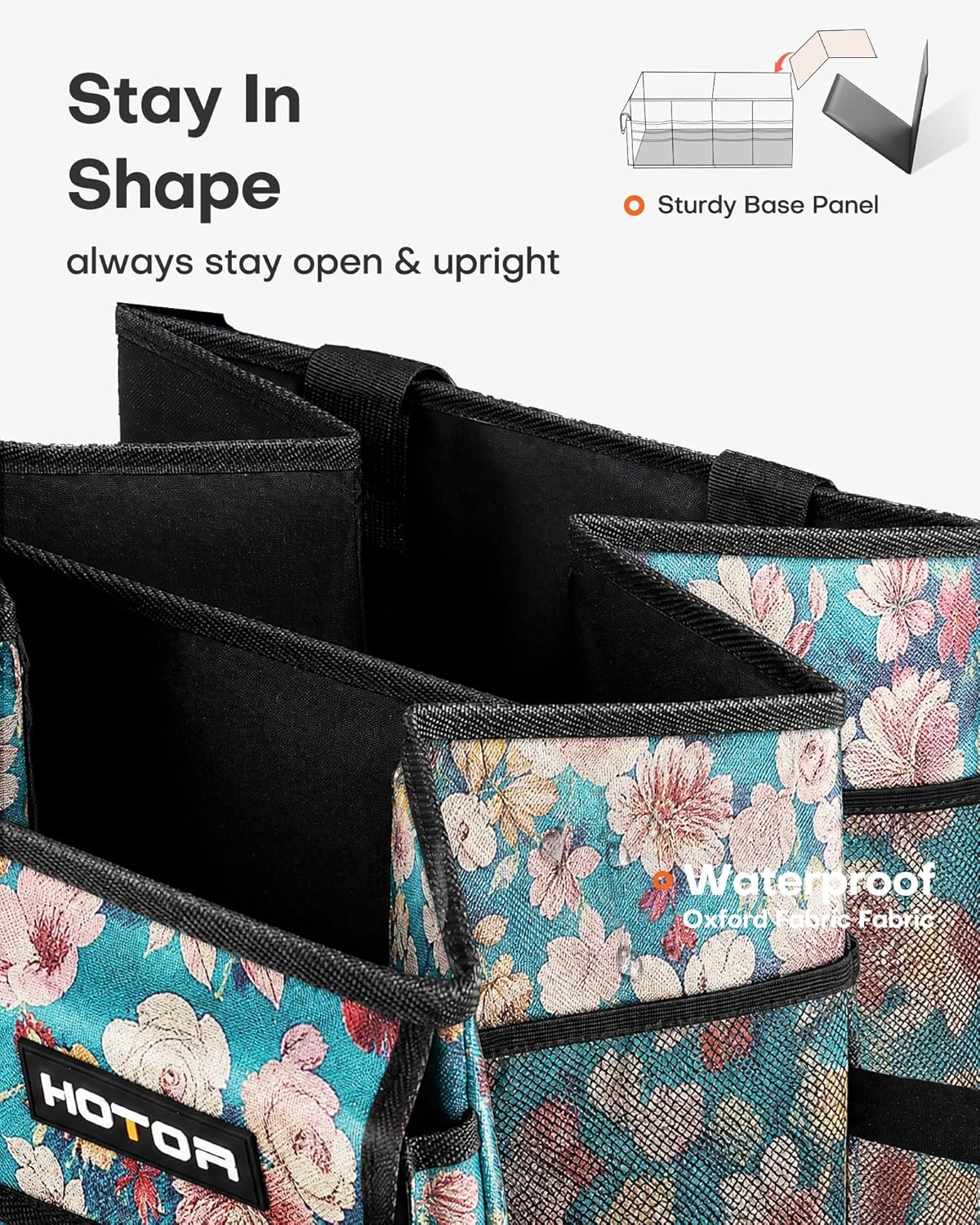 HOTOR Trunk Organizer- Car Organizer, Foldable Trunk organizer for SUVs & Sedans, Sturdy Car Organization for Car Accessories, Tools, Sundries, Blue Flower, 2 Compartments, 21.3"×12.6"×10.6"
