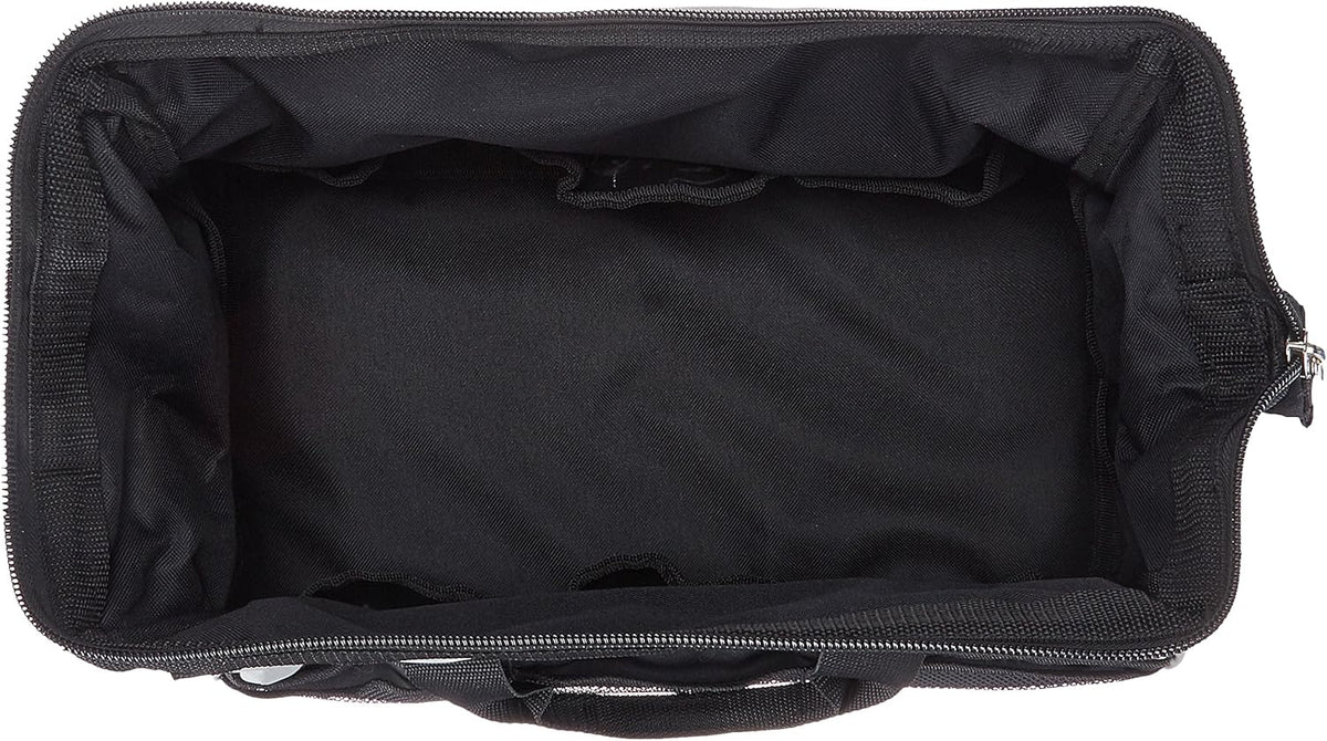 Amazon Basics Durable Wear-Resistant Tool Storage Bag with Adjustable Shoulder Strap, Portable Tool Organizer, 16 in, Black & Grey