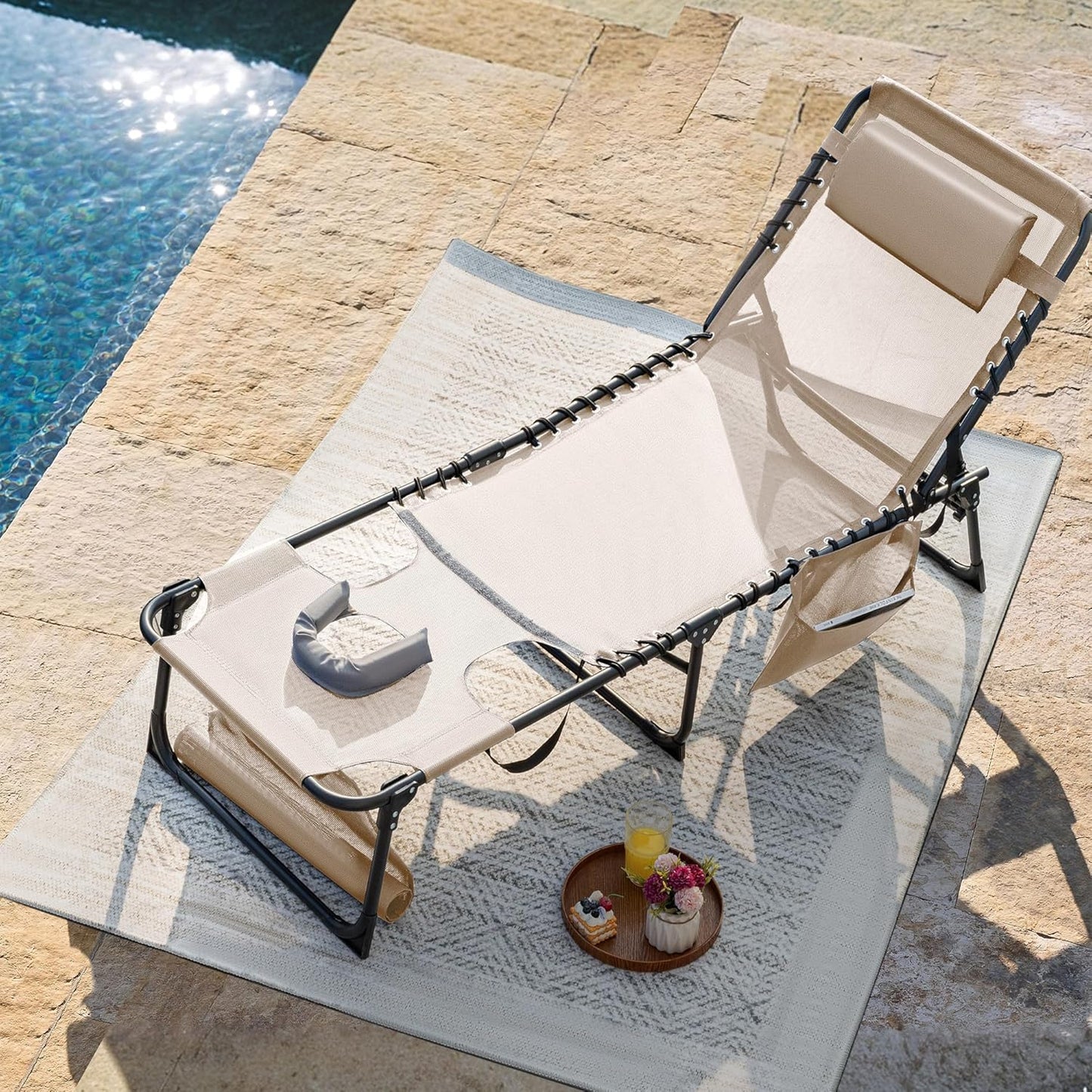 Flamaker Face Down Chaise Lounge Chair 5-Position Adjustable Sunbathing, Foldable Tanning Chair with Face& Arm Holes, Outdoor Recliner Chair for Pool, Beach, Patio, Lawn (Beige, 1 Pcs)