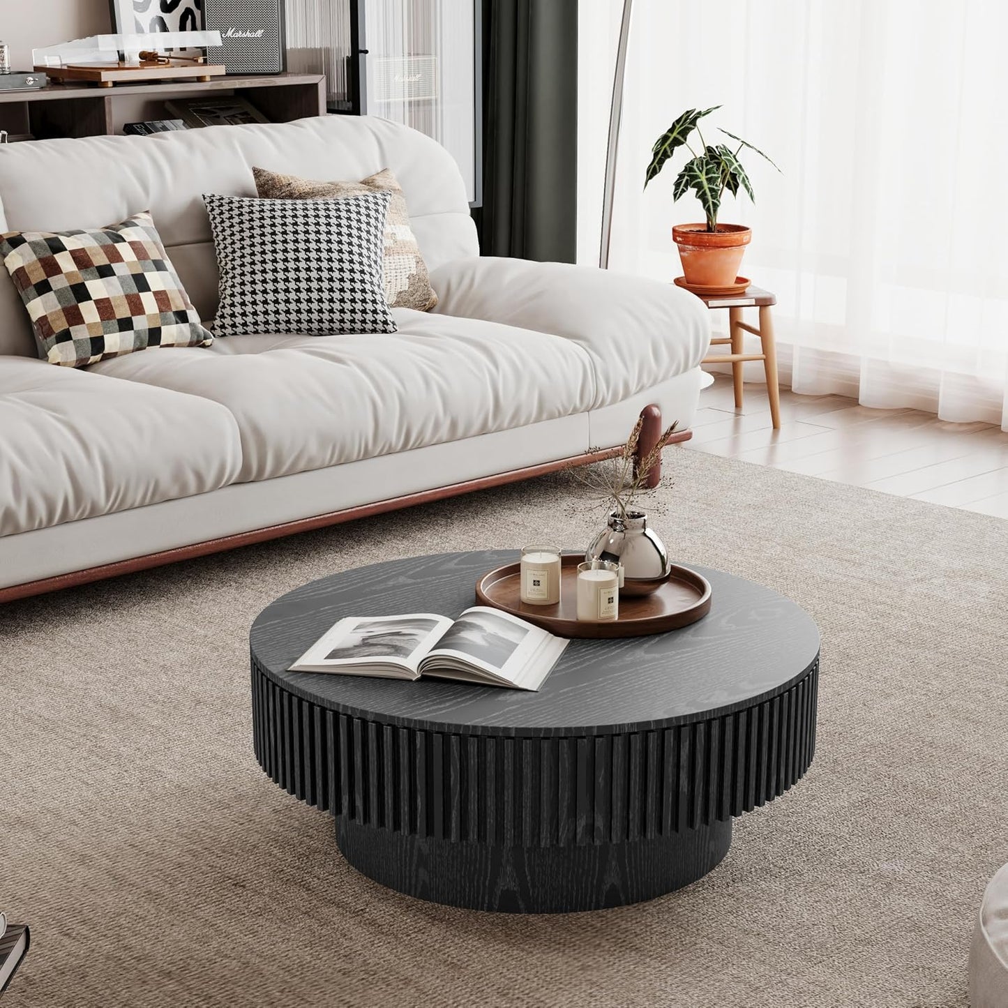 31.5" Round Coffee Table with Hidden Storage Compartment, Modern Handcraft Fluted Drum Coffee Table, Wooden Circle Center Table Cocktail Tea Table with Sturdy Pedestal for Living Room, Black