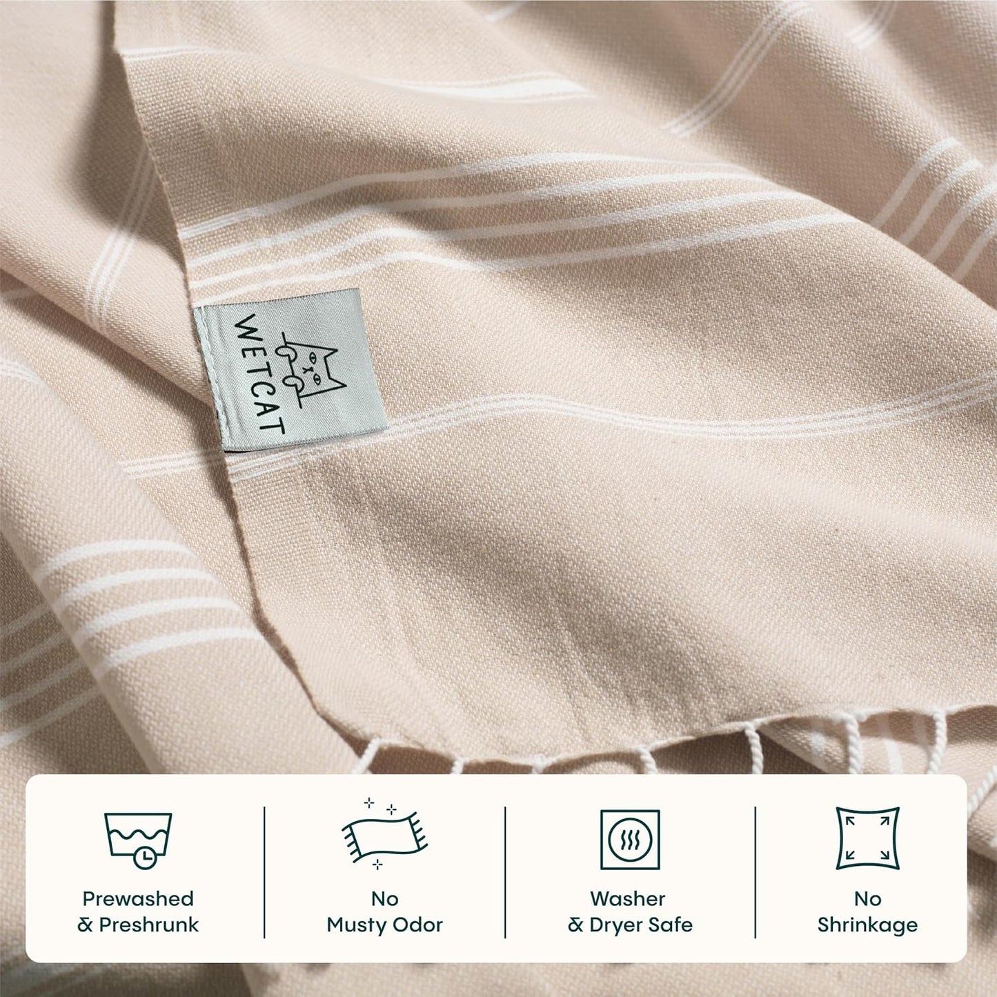 WETCAT Turkish Beach Towel Oversized (38"x71") 100% Turkish Cotton, Made in Turkey - Sand Free, Extra Large, Ultra Soft, Quick Drying, Compact & Lightweight for Travel - Beige