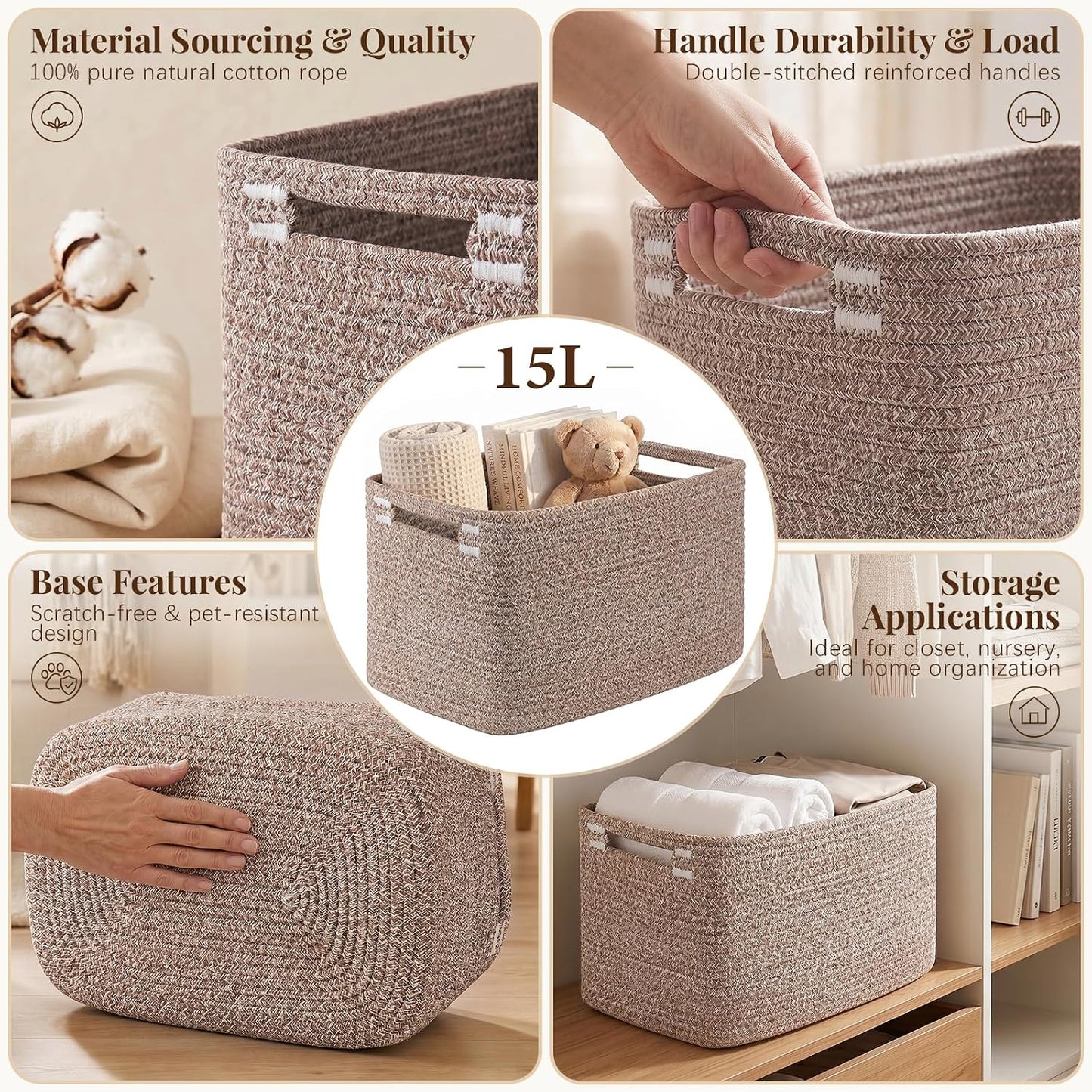 OIASKET 4Packs Natural Cotton Rope Storage Baskets for Organizing Toys, Clothes, Towels & Books, Soft Versatile Organizers for Shelves, Home Decorative Bins, 13''Lx9''Wx7.8''H, Linen Brown