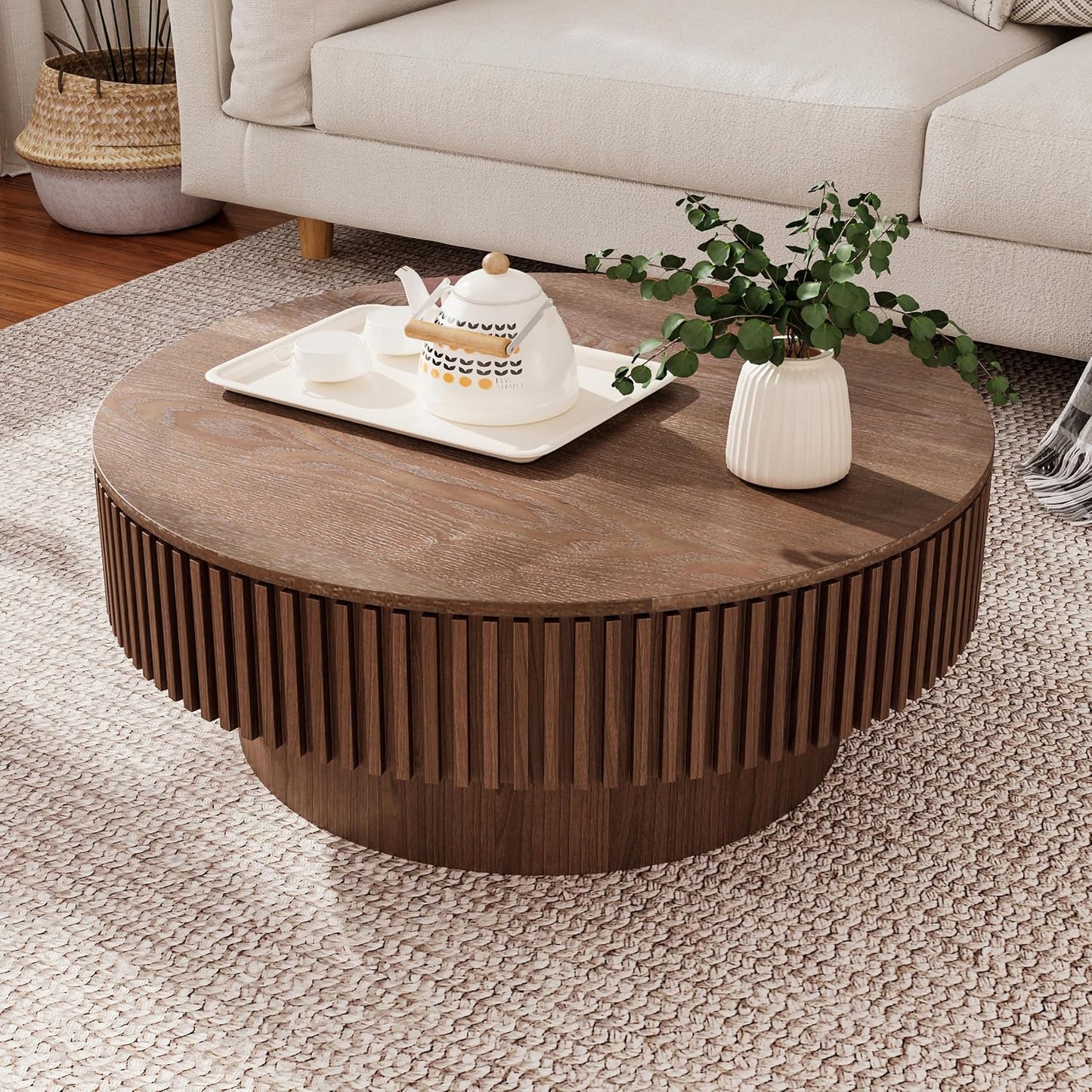 31.5" Round Coffee Table with Hidden Storage Compartment, Modern Handcraft Fluted Drum Coffee Table, Wooden Circle Center Table Cocktail Tea Table with Sturdy Pedestal for Living Room, Walnut