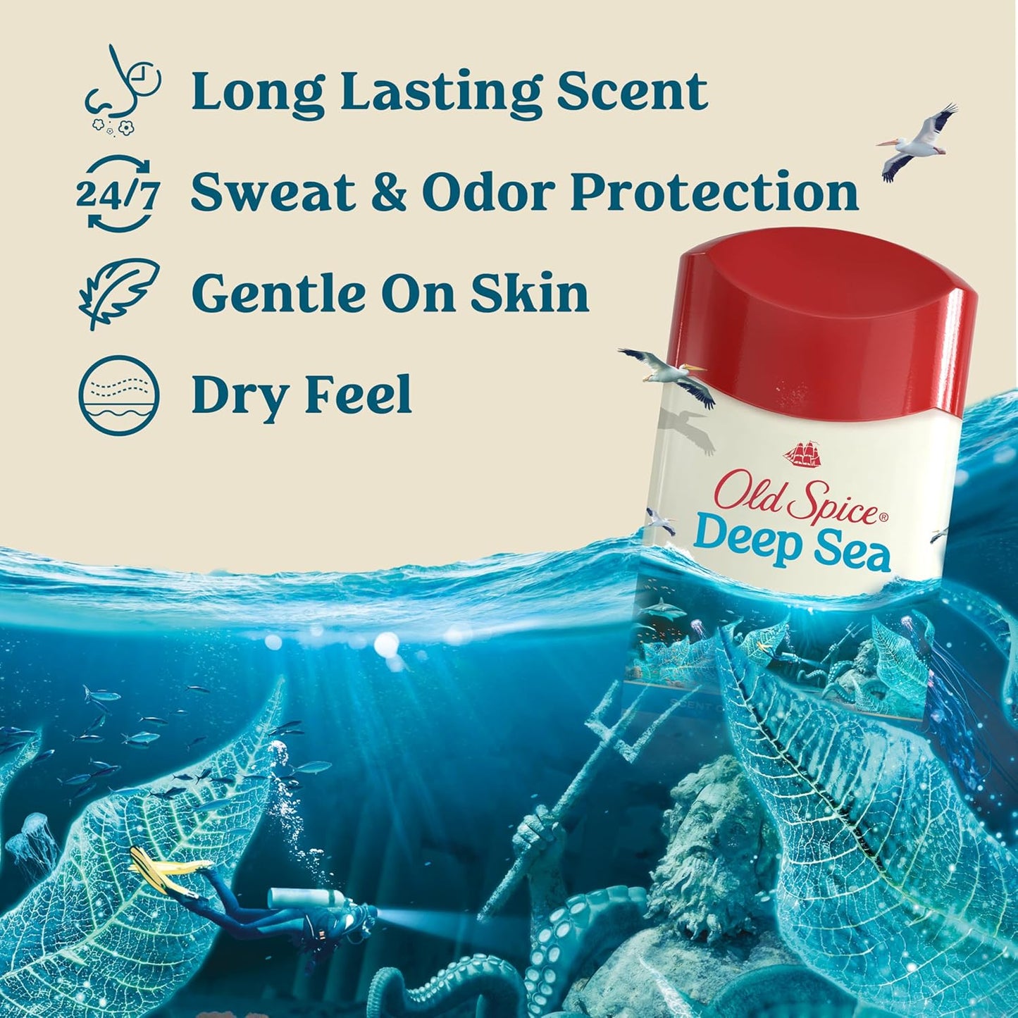 Old Spice Dry Feel Antiperspirant Deodorant for Men, 24/7 Freshness, 24/7 Sweat & Odor Protection, Gentle on Skin with Skin Conditioners, Deep Sea with Ocean Waves + Kelp Scent, 2.6 oz (Pack of 2)