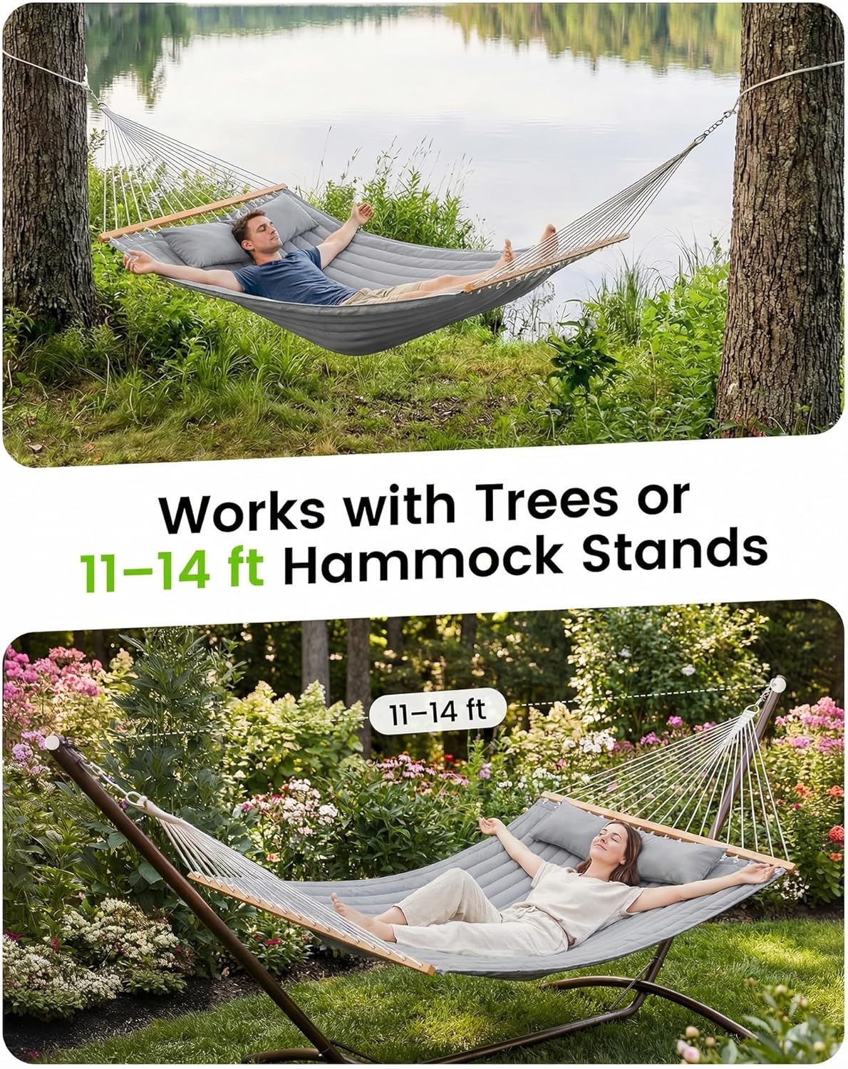 ANAGOO Double Quilted Outdoor Hammock for 2 Adults, 500lb Capacity Backyard & Camping Hammock with Pillow and Bamboo Spreader Bar, Fits 11–15ft Hammock Stands (Stand Not Included),Dark Gray