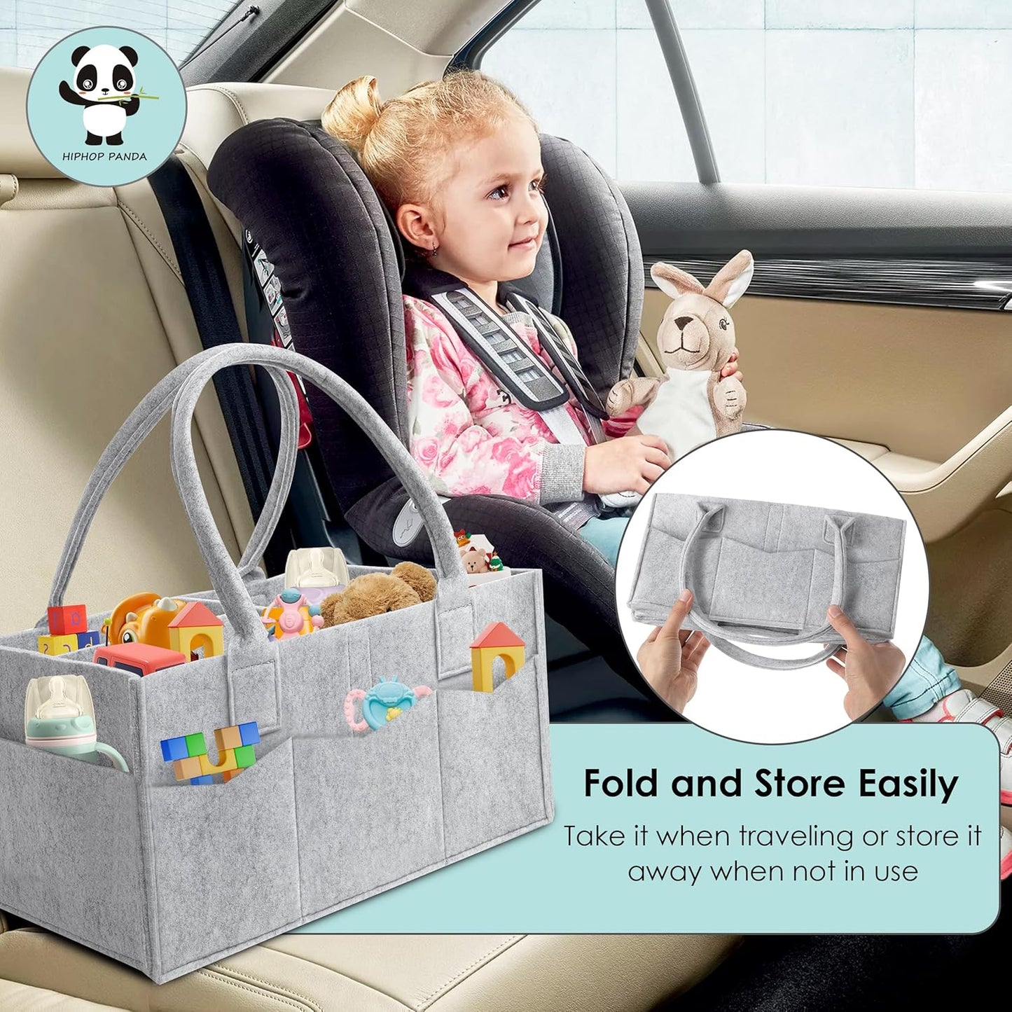 HIPHOP PANDA 2-Pack Diaper Caddy Organizer - Newborn Essentials Baby Registry Must Haves - Sturdy Nursery Storage Bin & Portable Car Caddy for Diapers & Wipes - Grey/Oatmeal Gift Set