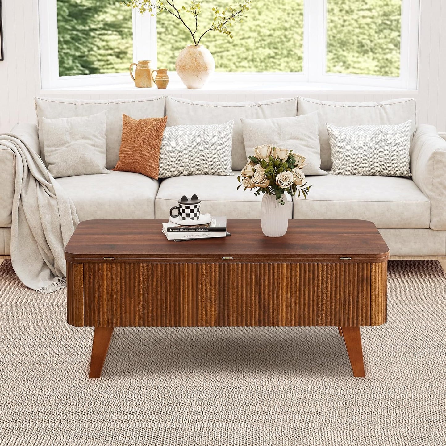 3 in 1 Lift Top Coffee Table, Fluted Convertible Coffee Tables Converts to Dining Tables, Modern Oval Wooden Center Table with Storage for Living Room Office Small Space, Partial Assembly (Walnut)