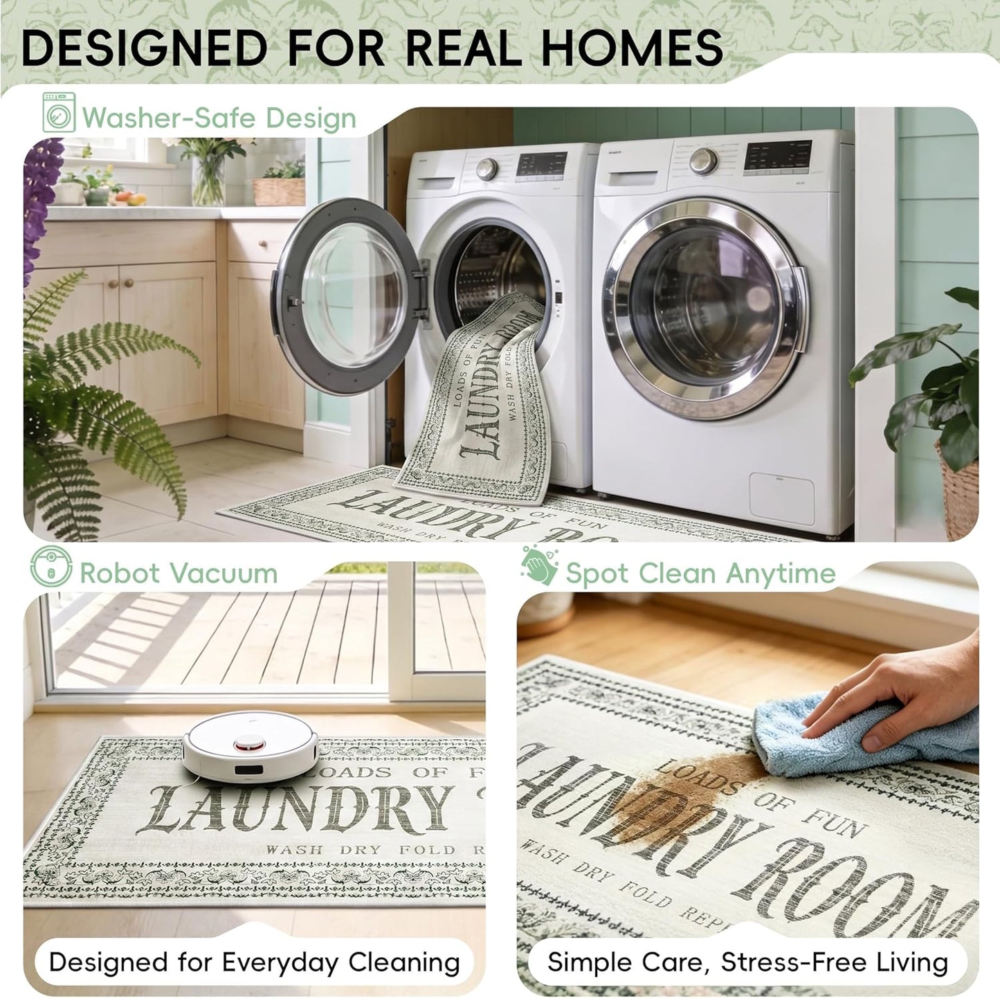 Laundry Room Rug 20"x47", Washable Boho Laundry Runner Rug with Non-Slip TPE Backing, Faux Wool Laundry Mat for Washer and Dryer, Soft Low-Profile Laundry Room Decor Rug for Kitchen, Hallway, Beige