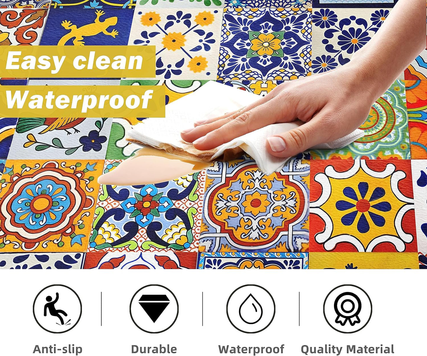 weesire Boho Kitchen Rugs Set 2 Pieces Memory Foam Colorful Ceramic Comfort Tile Floor Mat Anti Fatigue Non-Skid PVC Runner Rug Water & Oil Proof Carpet for Kitchen Laundry Sink,17.3x28+17.3x47 Inch