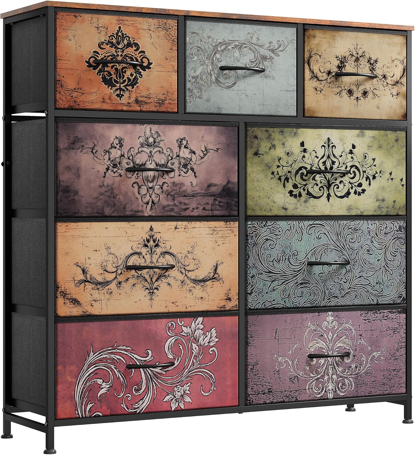WLIVE 9 Drawer Dresser, Fabric Storage Tower for Bedroom, Hallway, Closet, Tall Chest Organizer Unit for Bedroom with Fabric Bins, Steel Frame, Wood Top, Easy Pull Handle, Black and Rustic Brown
