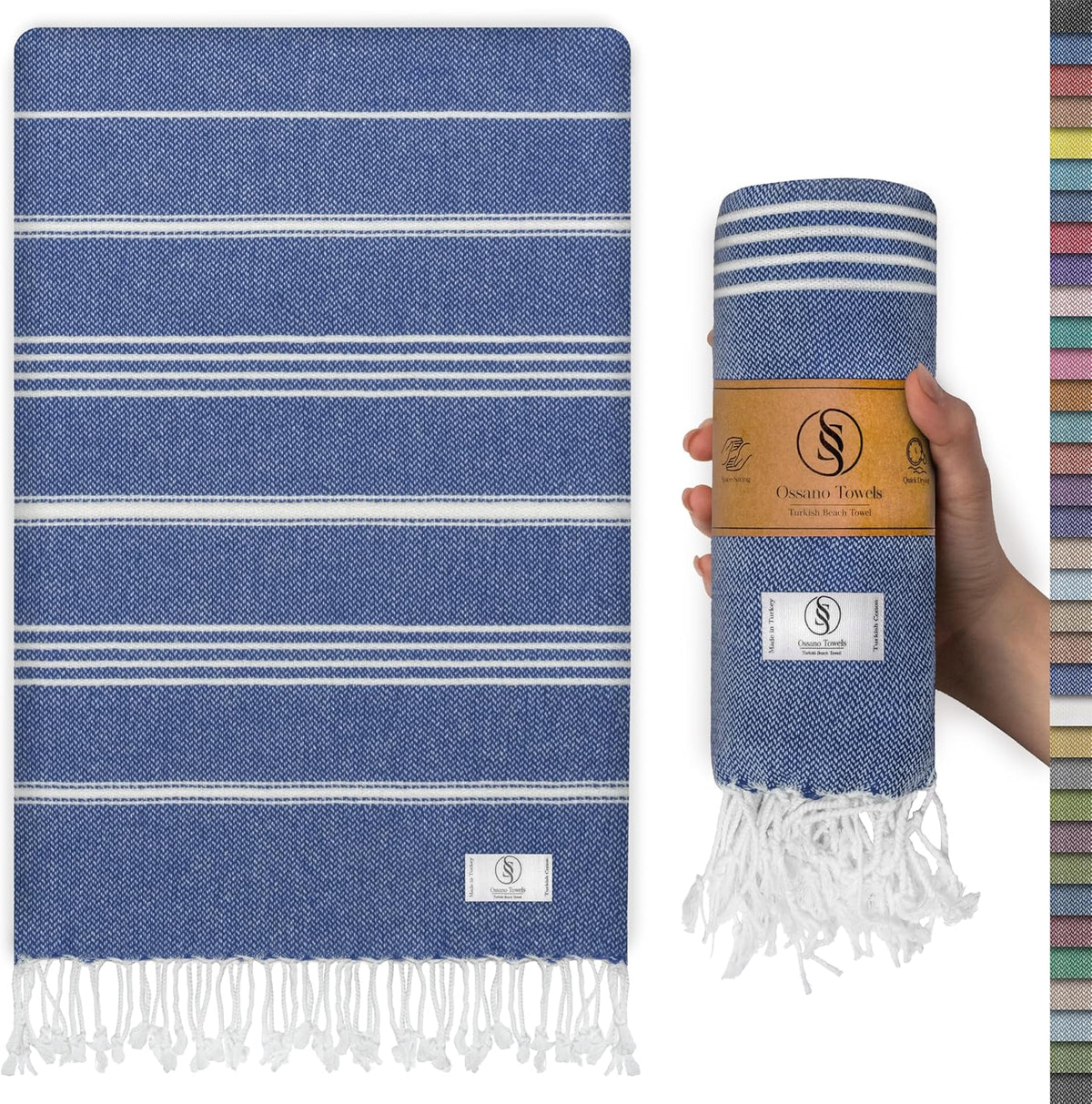 Ossano Turkish Beach Towel Compact & Soft Extra Large (39" x 71") - Quick Dry, Versatile and Functional as Yoga Mat, Picnic and Travel Blanket, Bath Towels/Vacation Essential - Indigo Blue