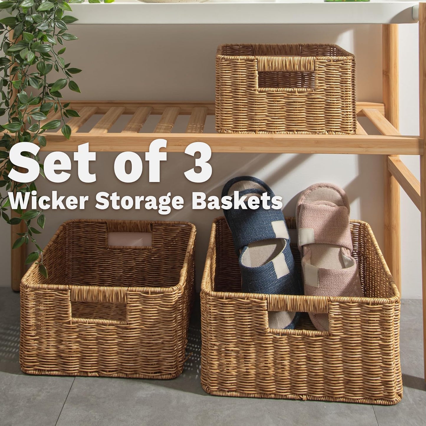 myHomeBody Wicker Storage Basket, Storage Cubes, Resin Wicker, Tan | Set of 3, Woven Baskets for Organizing, Wicker Baskets for Shelf, Large Cube Storage Organizer