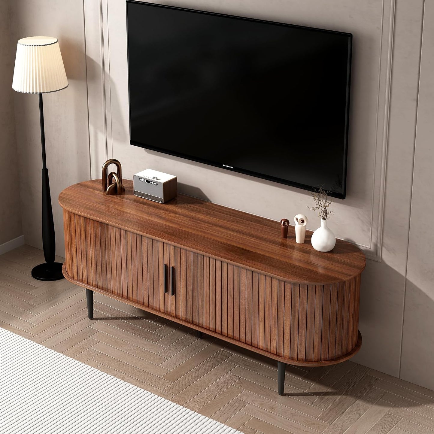 Mid Century Modern Fluted TV Stand, Walnut TV Stand for 55 Inch TV, Wooden Entertainment Center with Sliding Doors and Ample Storage Space, Media Console Storage Cabinet for Living Room or Bedroom