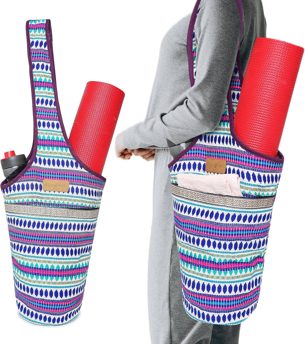 ALLEN & MATE 100% Cotton Canvas Yoga Mat Bag, Fits Mats up to 72 In Long and 7.5 In Thick, Wide Shoulder Strap, Zip Pocket, Blue Stripe