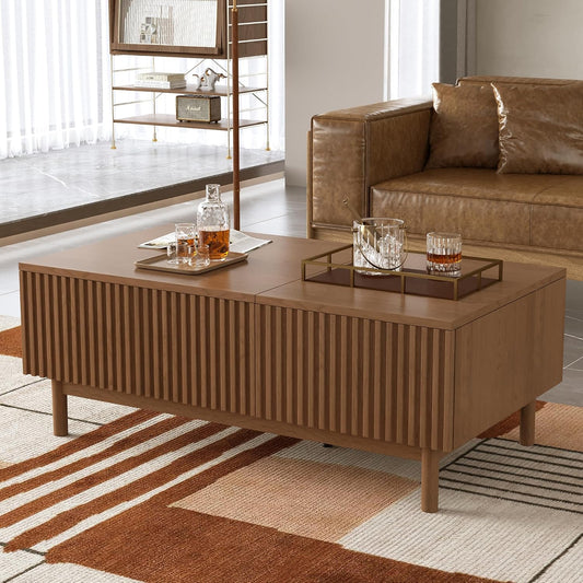 51" Mid-Century Modern Lift Top Coffee Table with Hidden Storage | Walnut Fluted Rectangular Center Table with Drawers & Sturdy Wooden Legs, for Living Room, Apartment, Office