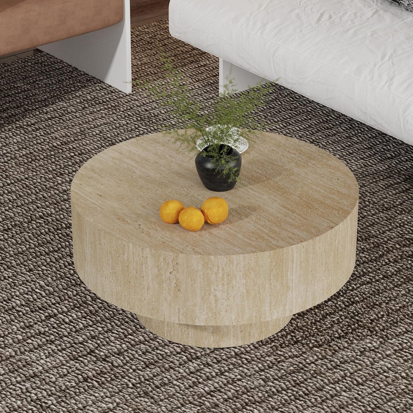 Round Fluted Coffee Table (Circle Travertine 29.9in) | Round Drum Coffee Table for Living Room Modern Circular Pedestal Center Table