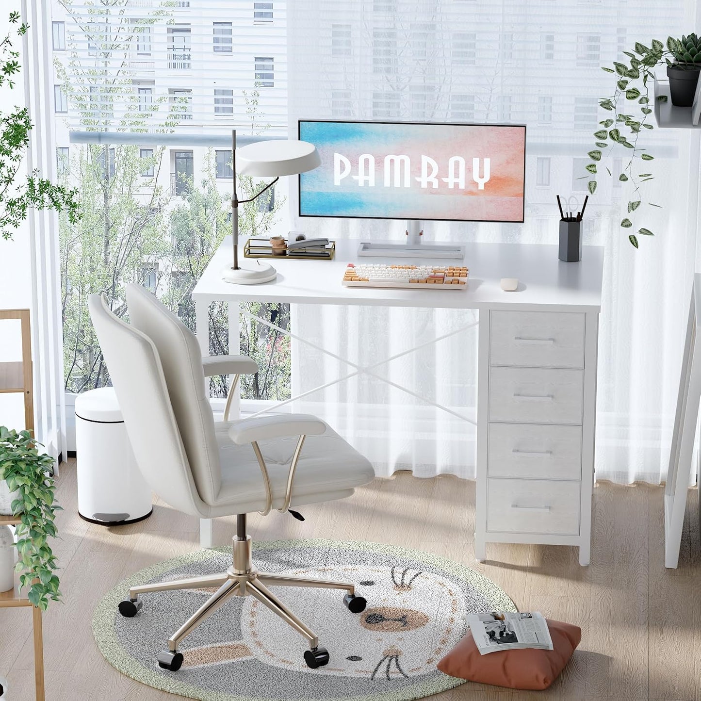 Pamray 32 Inch Computer Desk with 4 Drawers Small Office Desk for Home Bedroom Study Writing Simple Modern Computer Table White
