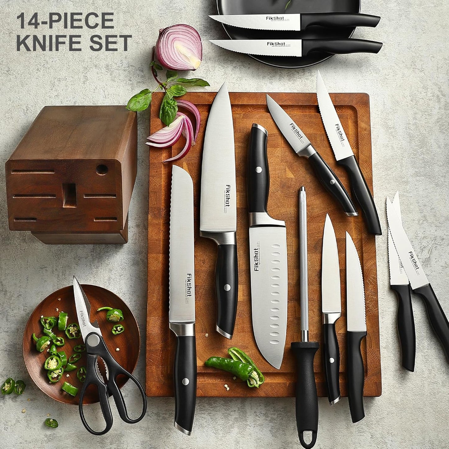 Fikshot Knife Set – German Stainless Steel, Ultra-Sharp, 14-Piece with Knife Block & Sharpener, Full Tang Black Handle, Rust-Resistant, Dishwasher-Safe for Kitchens, Gift for Chefs