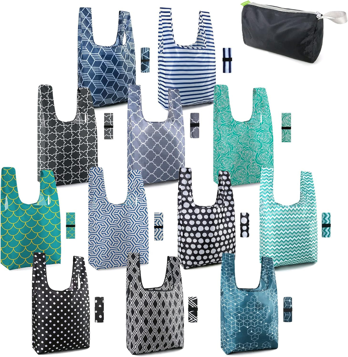 BeeGreen Reusable Foldable Shopping Totes with Handles,12 Pack Heavy Duty Polyester Fabric Geometry Grocery Bags, Large Fashion Reusable Bags for Travel & Groceries, Washable Cloth Bag Bulk