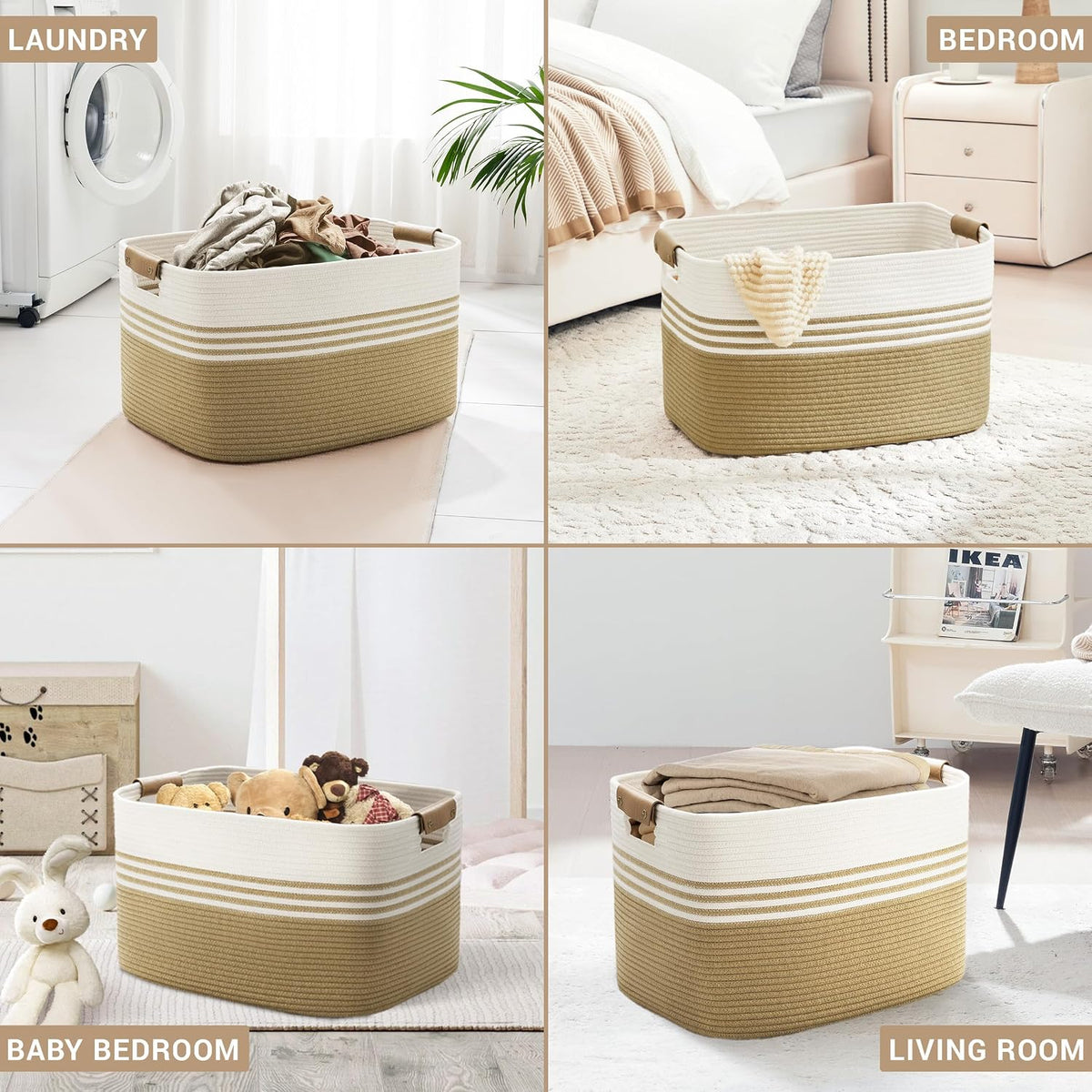 86L Large Woven Laundry Basket Hamper with Leather Handles,Khaki