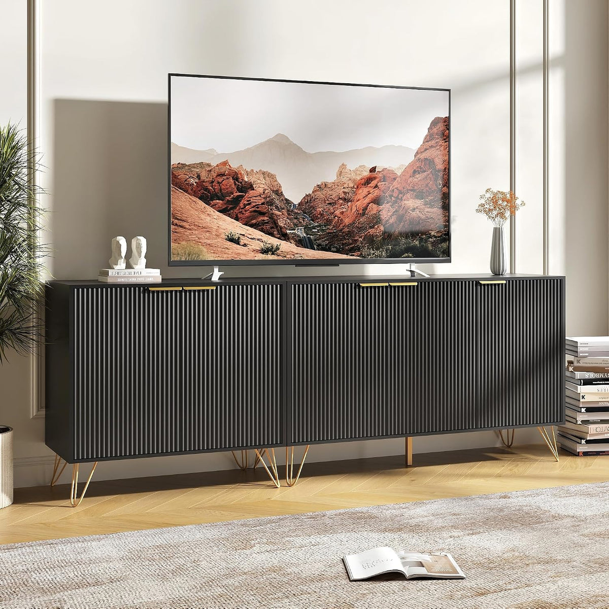 75 inch TV Stand with 5 Fluted Doors and Adjustable Shelves, Black丨Modern Entertainment Center Cabinet, Wood Media Console Storage Cabinets for Living Room Bedroom