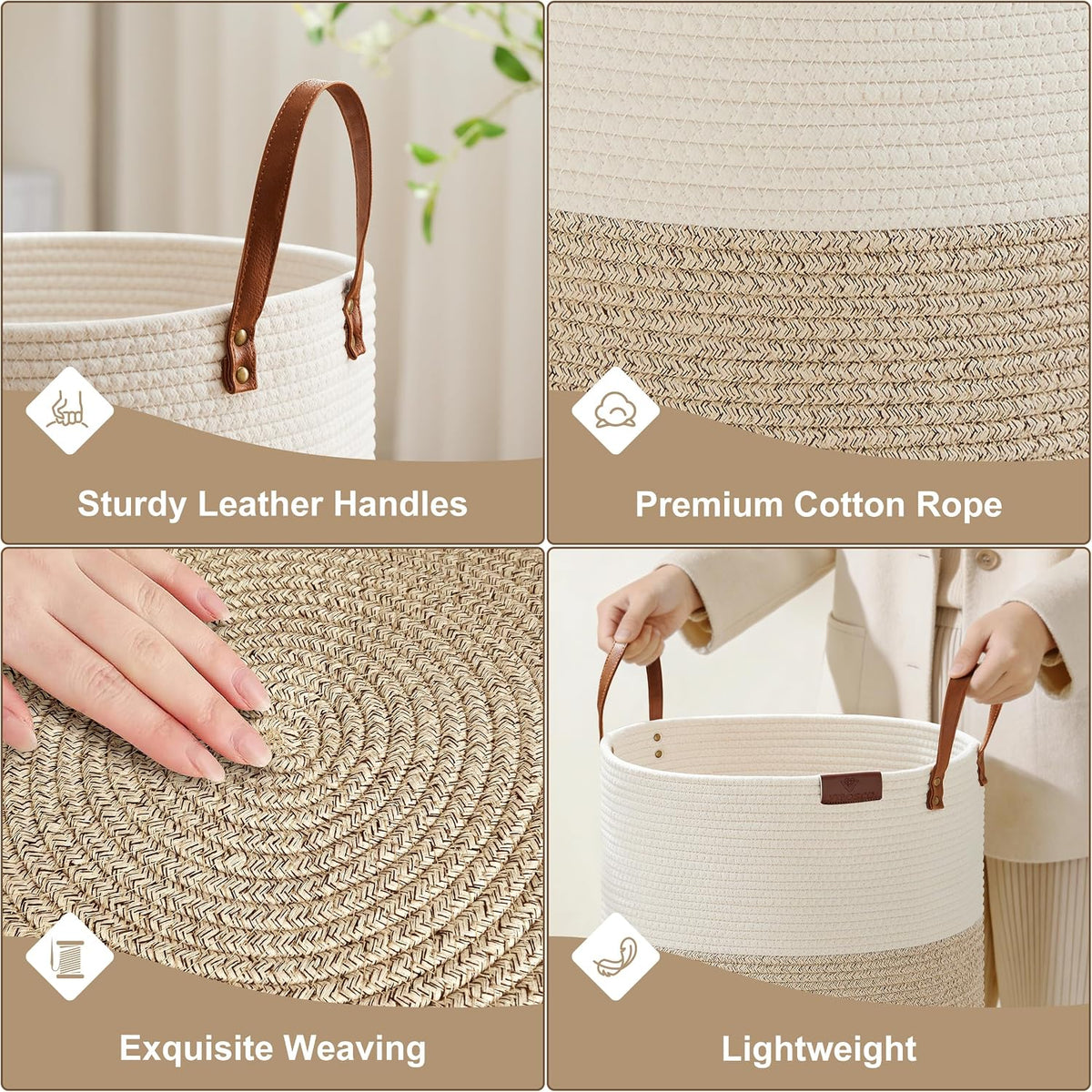 VIPOSCO 100L Tall Woven Rope Laundry Hamper, Leather Handles, White & Brown