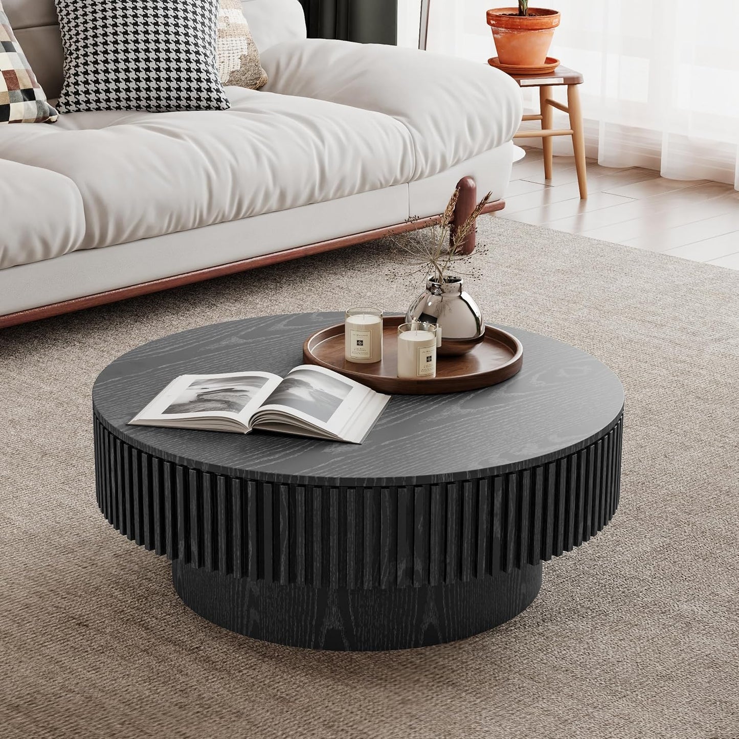 31.5" Round Coffee Table with Hidden Storage Compartment, Modern Handcraft Fluted Drum Coffee Table, Wooden Circle Center Table Cocktail Tea Table with Sturdy Pedestal for Living Room, Black