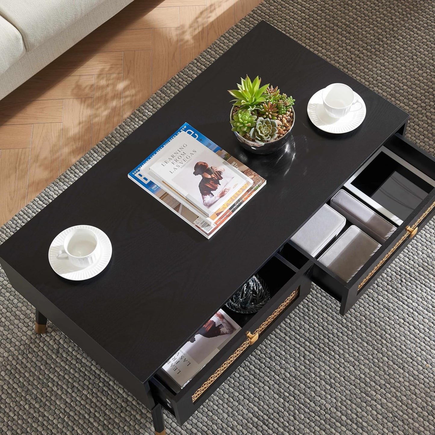 Mid Century Modern Coffee Table - Black Wood with Storage Drawers & Open Shelf, Compact Living Room Furniture for Small Spaces, 41.9" Wx21.6 Dx19.7 H