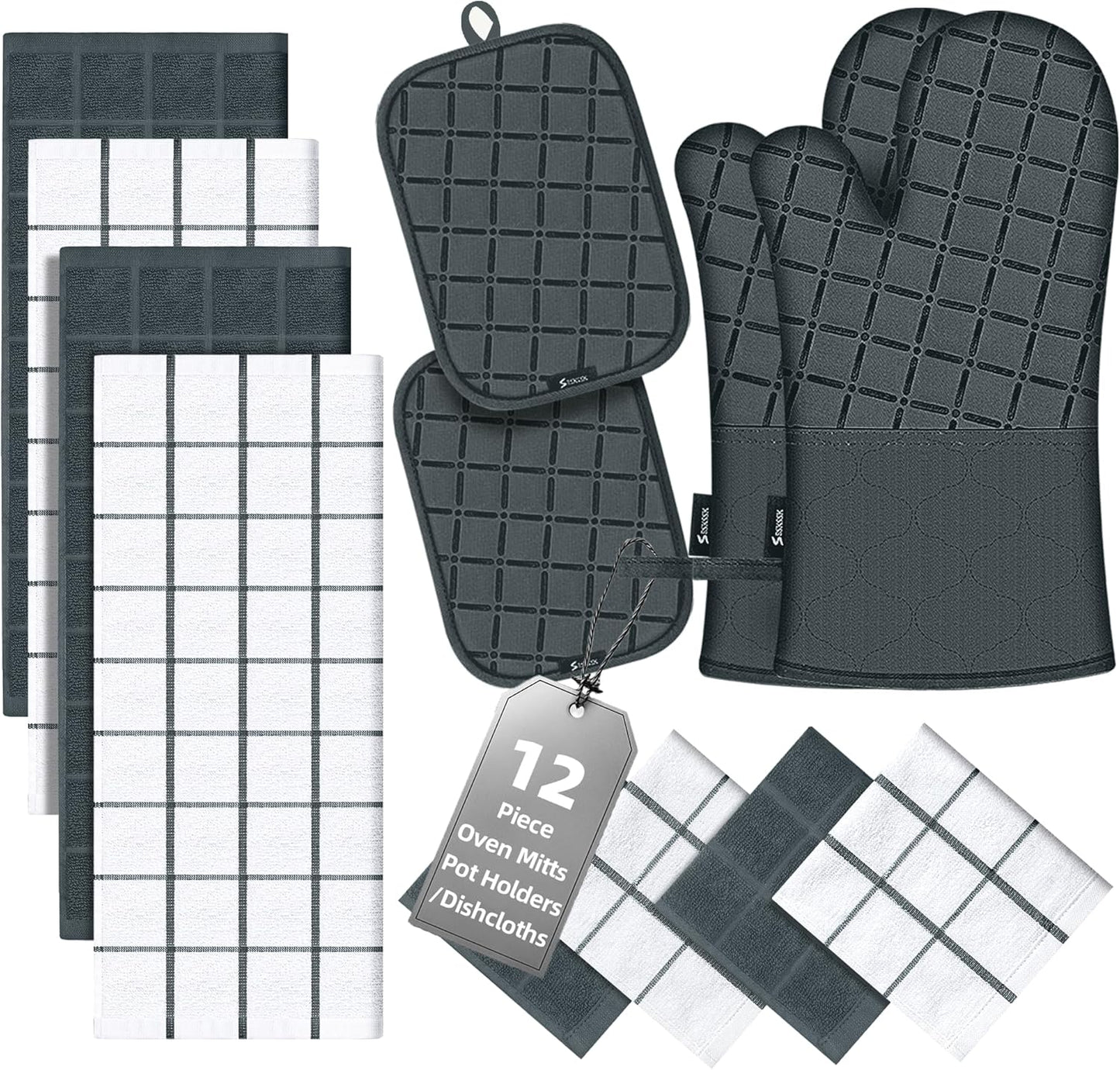 Oven Mitts Pot Holders Sets/Kitchen Towels and Dishcloths,Oven Gloves Kitchen Dish Towels 500 Degree Heat Resistant Potholders with Non-Slip Silicone Surface for Cooking,Grilling,Baking-Deep Green