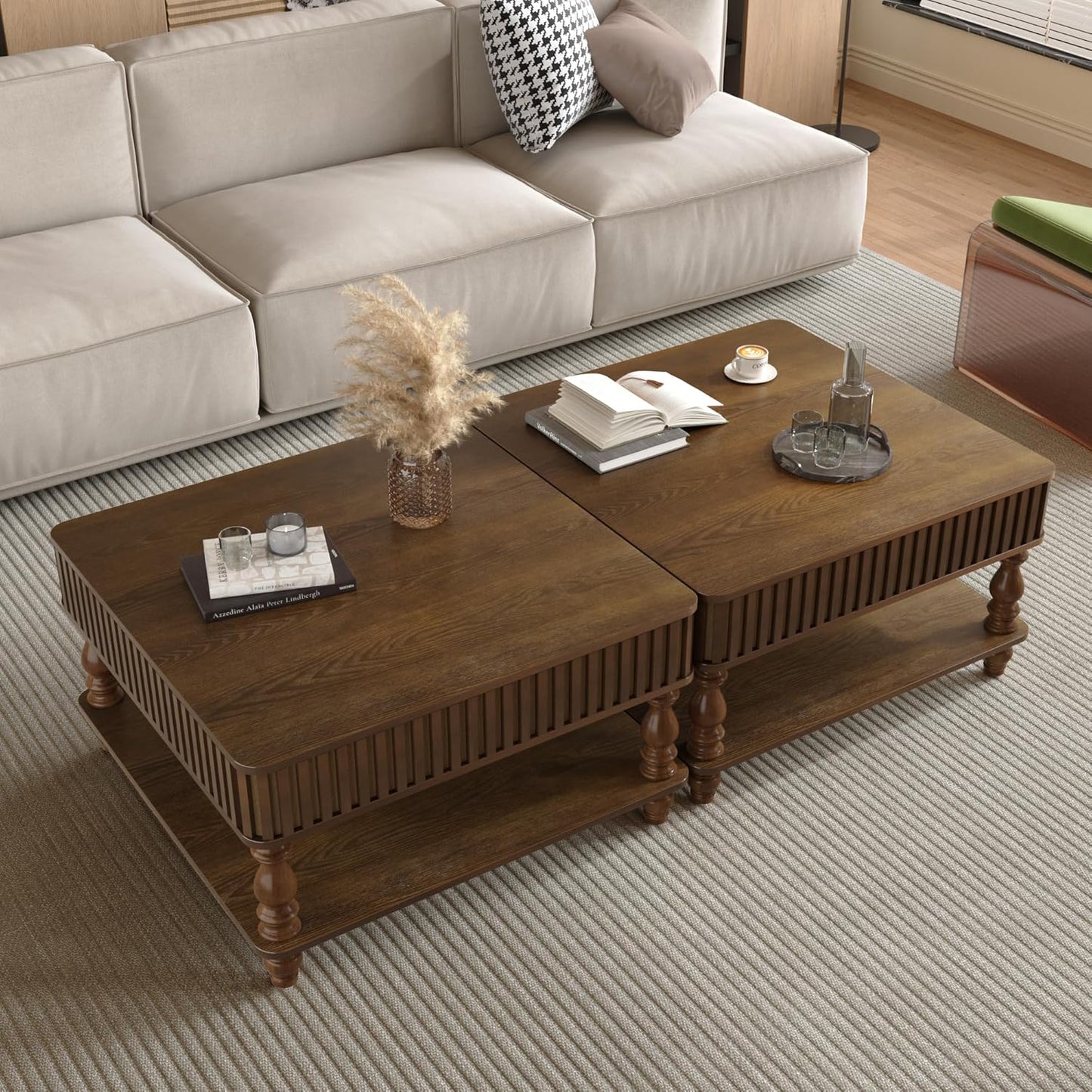 31.5 Inch Square Lift Top Coffee Table with Hidden Storage, 2 Tier Wooden Square Fluted Coffee Table with Open Shelf & Sculpted Legs, Retro Center Table for Living Room, Apartment, Home Office, Walnut