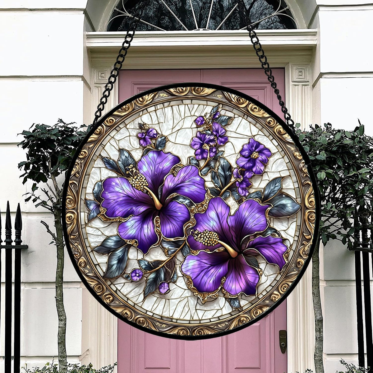 Purple Hibiscus Flowers Stained Glass Window Hanging Suncatcher Gifts 15"