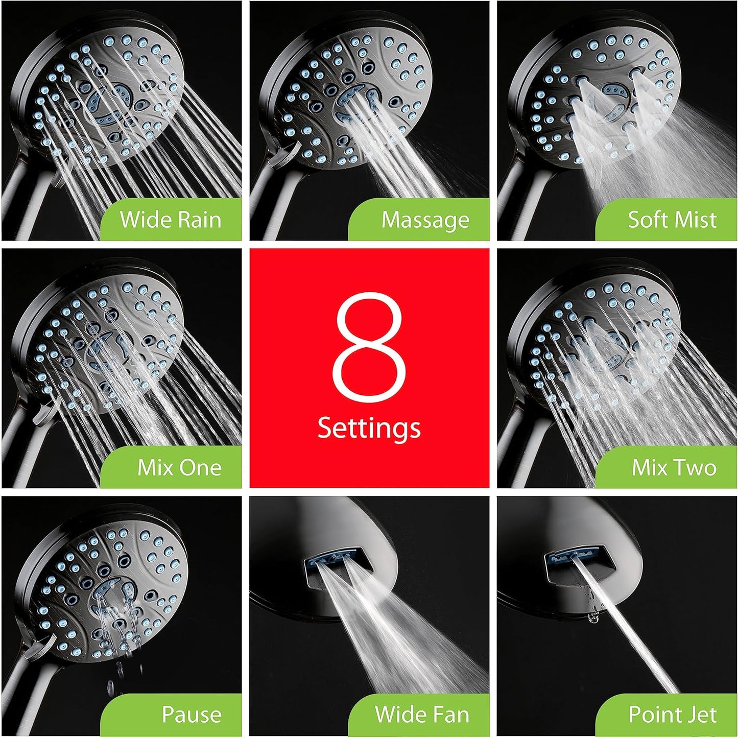 AquaCare High Pressure 8-mode Handheld Shower Head - Anti-clog Nozzles, Built-in Power Wash to Clean Tub, Tile & Pets, Extra Long 6 ft. Stainless Steel Hose, Wall & Overhead Brackets