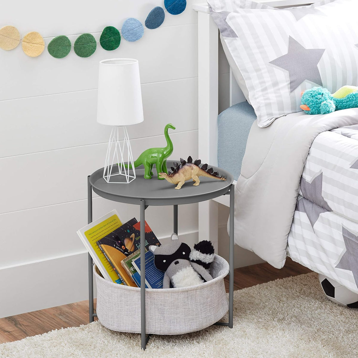 Amazon Basics Round Storage End Table, Nightstand for Bedroom or Living Room, Easy Assembly, with Cloth Basket, Charcoal/Heather Gray, 17.7 x 17.7 x 18.9 in | Side Table