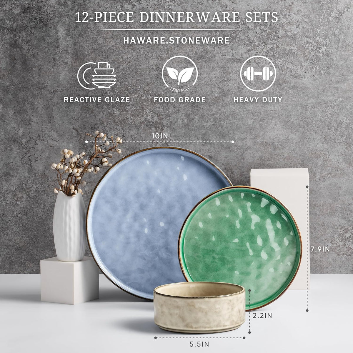 HaWare Dinnerware Sets, 12-Piece Plates and Bowls Set, Stoneware Dish Set for 4, Ceramic Dinnerware for Home Restaurant, Chip and Scratch Resistant, Microwave and Dishwasher Safe, Multicolor