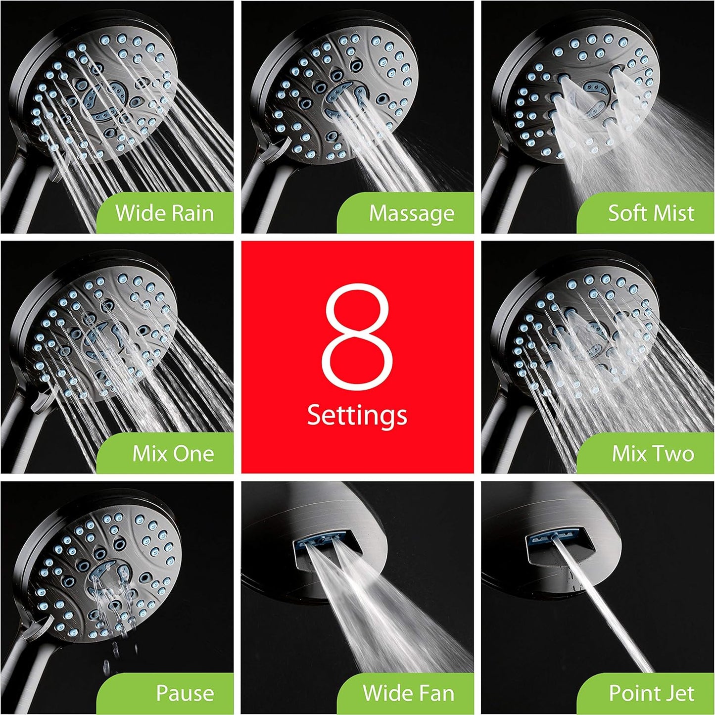 Hotel Spa AquaCare High Pressure 8-mode Handheld Shower Head, Anti-clog Nozzles - Built-in Power Wash to Clean Tub, Tile & Pets, Extra Long 6 ft. Stainless Steel Hose, Wall & Overhead Brackets