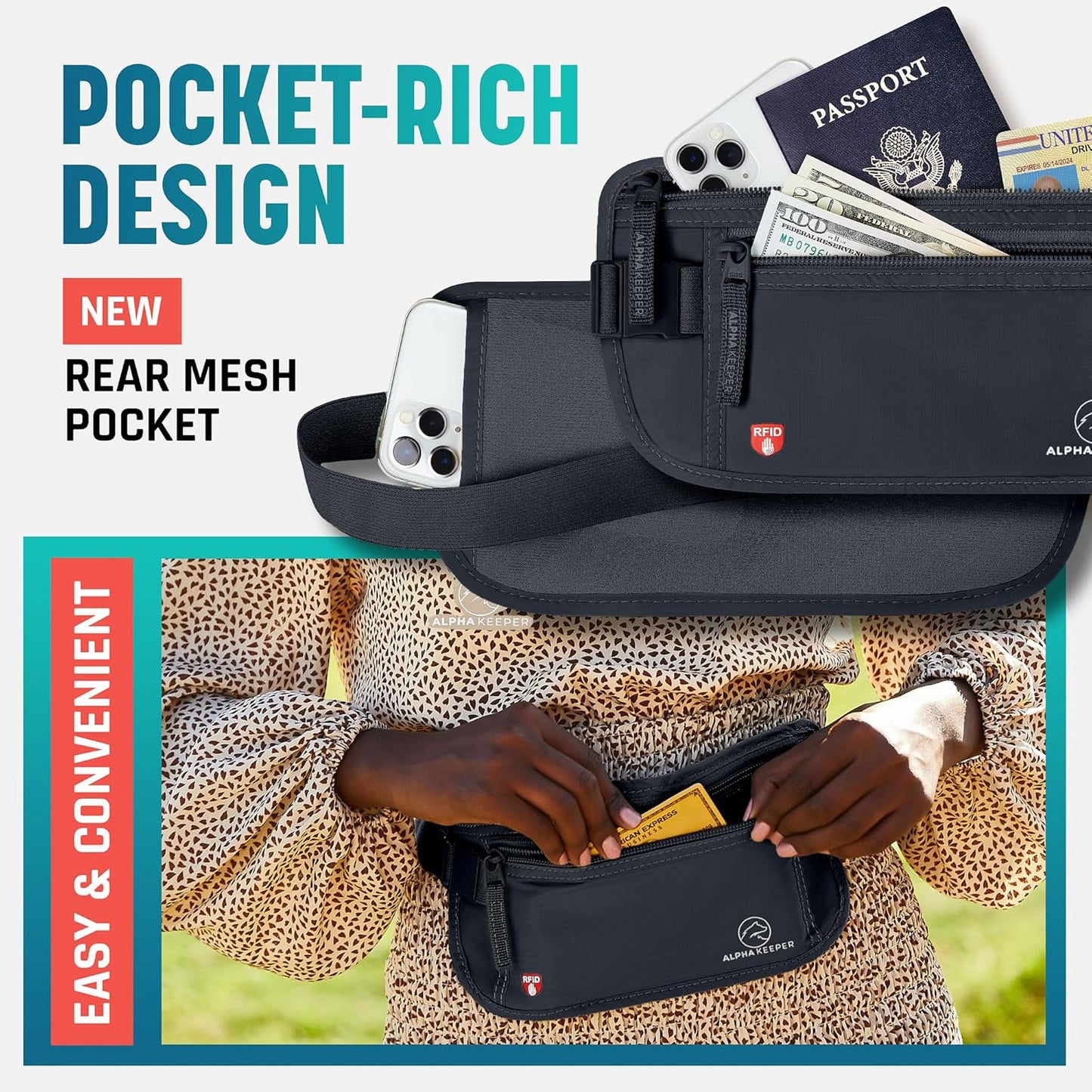 Alpha Keeper Money Belt for Travel Hidden Under Clothes – RFID Blocking Passport Holder & Slim Waist Wallet Pouch for Women & Men, Anti-Theft Travel Accessories