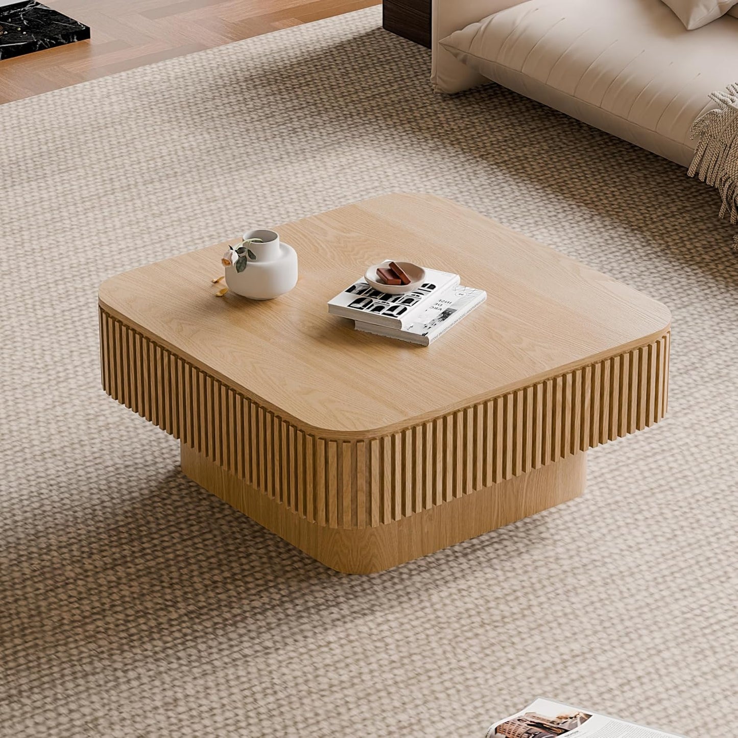 31.5" Square Coffee Table with Hidden Storage Compartment, Modern Handcraft Fluted Drum Coffee Table,Wooden Square Center Table Cocktail Tea Table with Sturdy Pedestal for Living Room,Natural