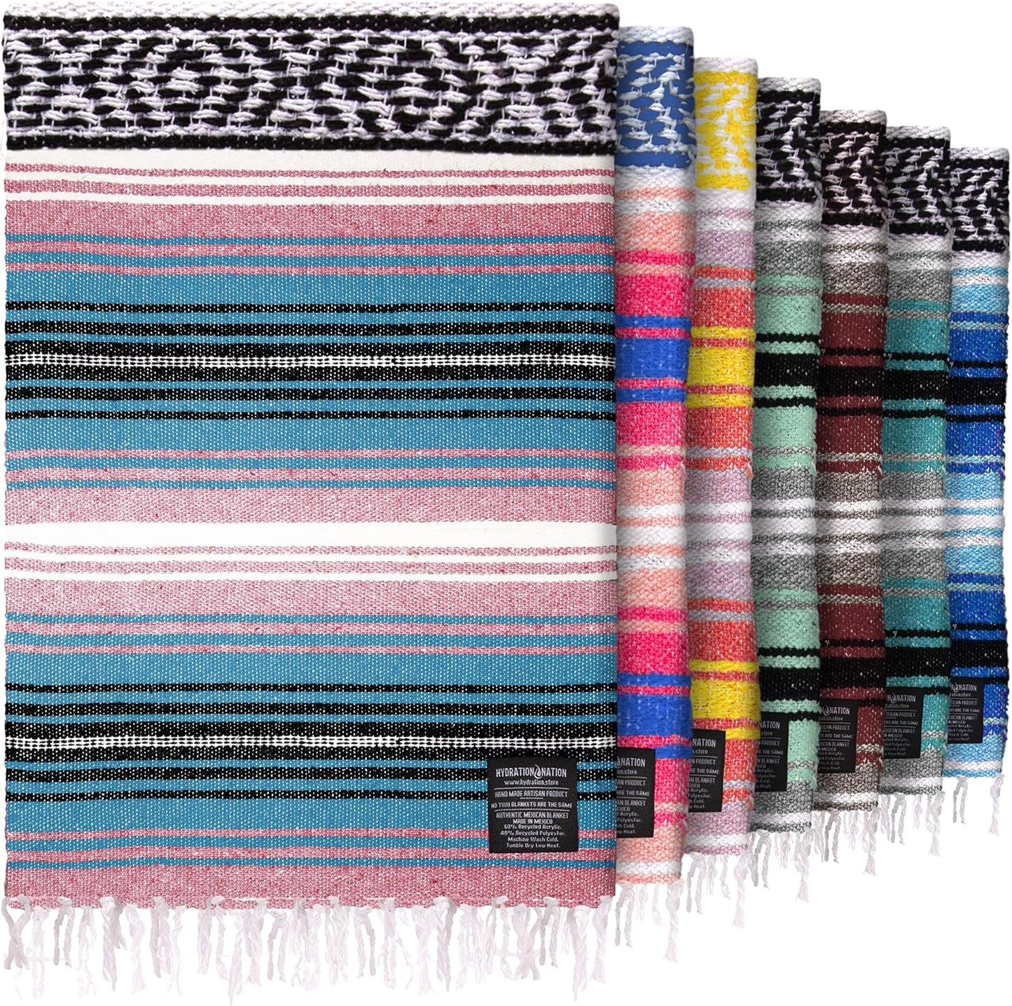 Hydration Nation Authentic Large Handwoven Mexican Striped Throw Blanket - Soft, Durable, Eco-Friendly - 70"x50" - Cotton Candy
